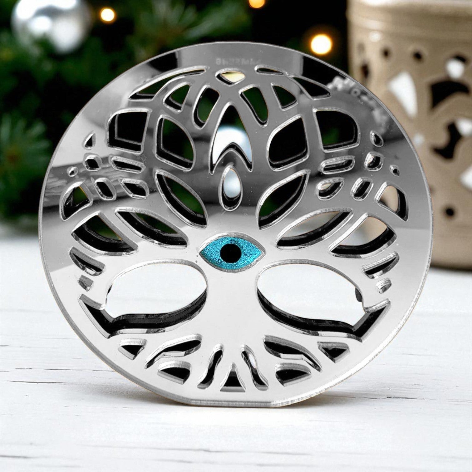 Χειροποίητο επιτραπέζιο γούρι δέντρο ζωής από ασημί plexiglass με μάτι προστασίας – So Cute by Dimi