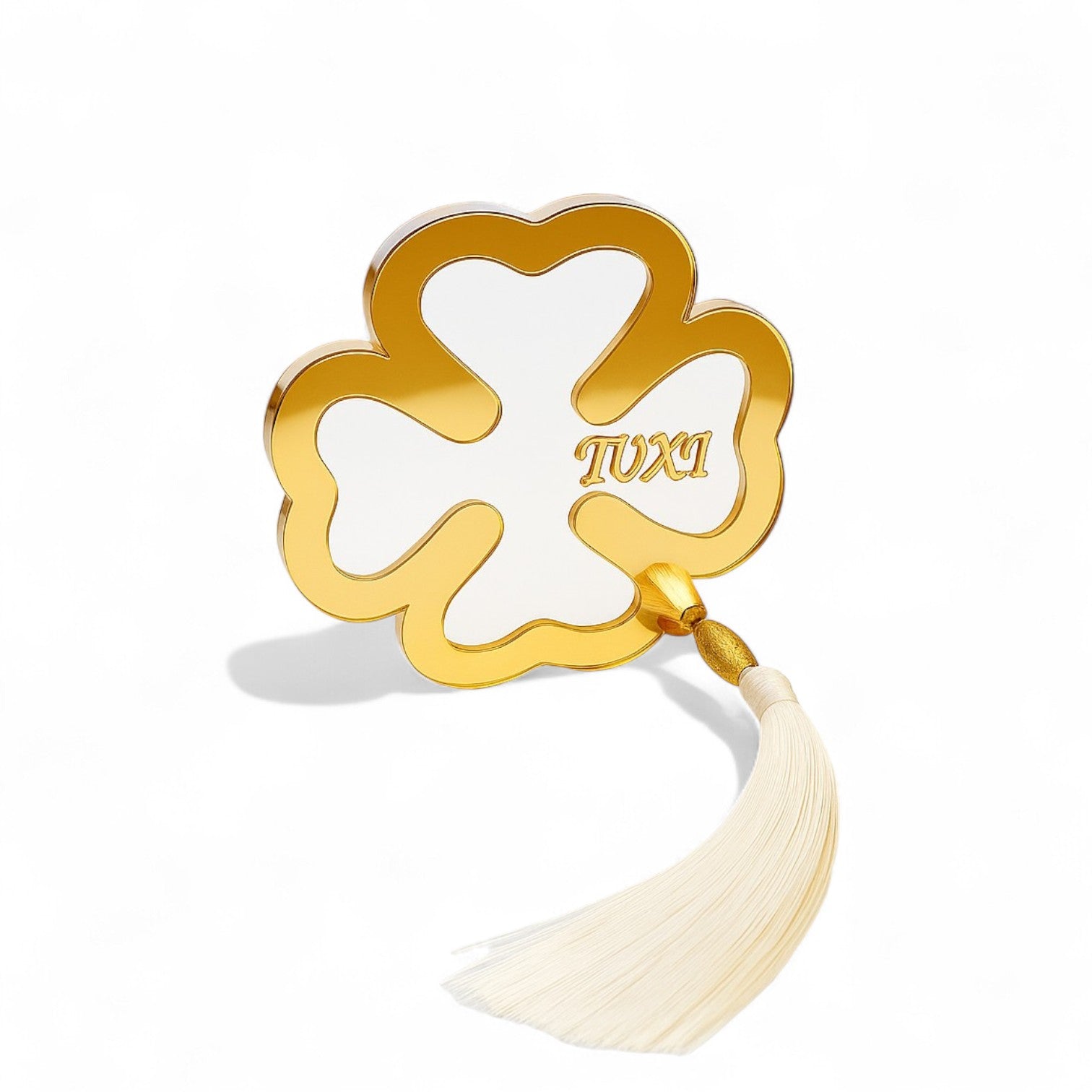 Χειροποίητο γούρι τετράφυλλο τριφύλλι plexiglass με χρυσό καθρέφτη & φούντα – So Cute by Dimi