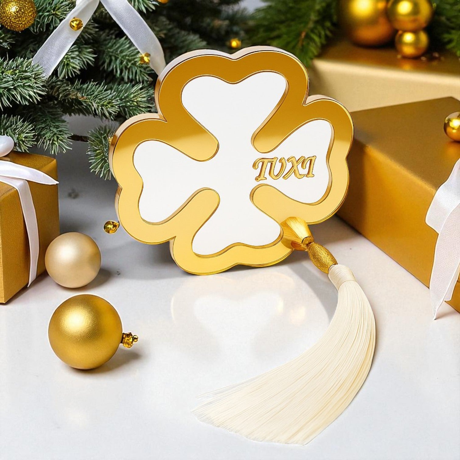 Χειροποίητο γούρι τετράφυλλο τριφύλλι plexiglass με χρυσό καθρέφτη & φούντα – So Cute by Dimi