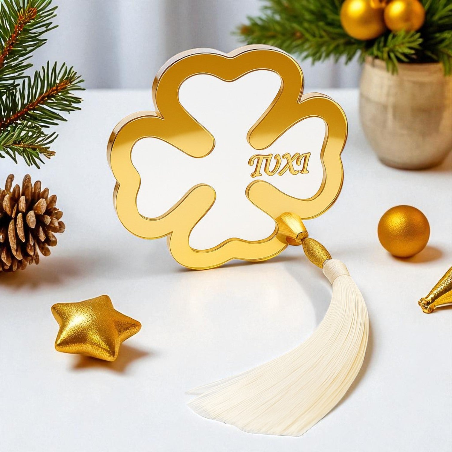 Χειροποίητο γούρι τετράφυλλο τριφύλλι plexiglass με χρυσό καθρέφτη & φούντα – So Cute by Dimi