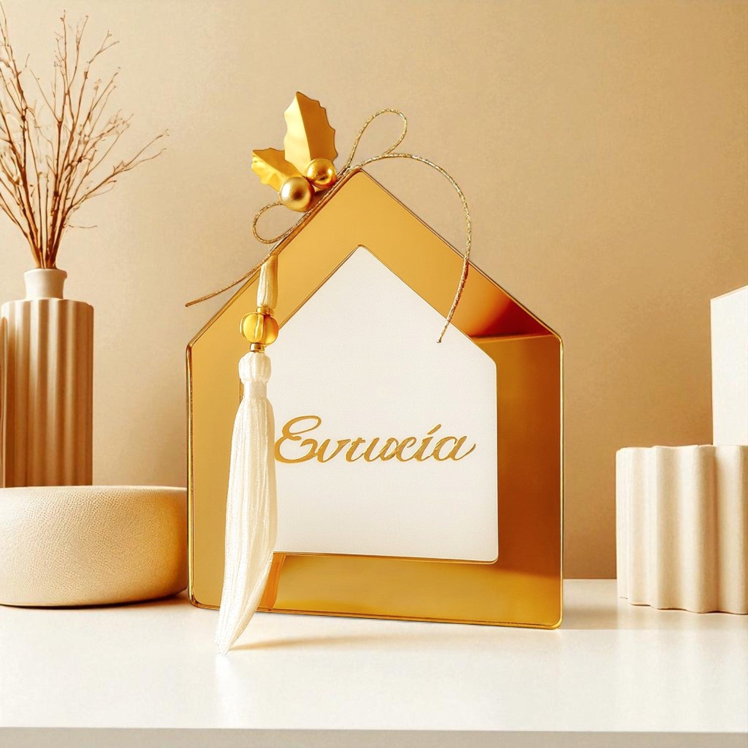 Decorative gold house-shaped object with 'Evuxia' branding on a beige background