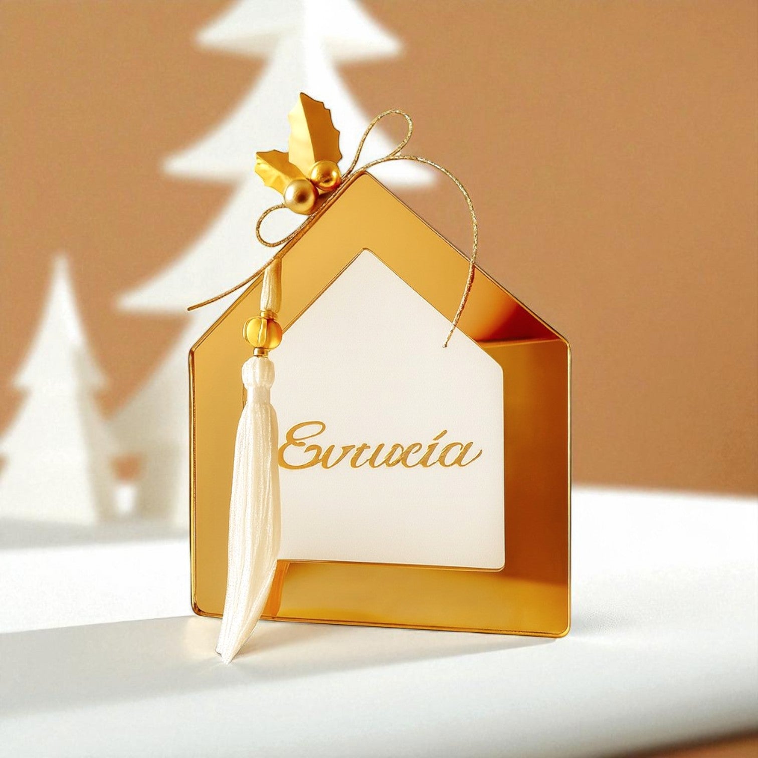 Χειροποίητο γούρι σπιτάκι plexiglass με ευχή «Ευτυχία», χρυσό καθρέφτη & φούντα – So Cute by Dimi