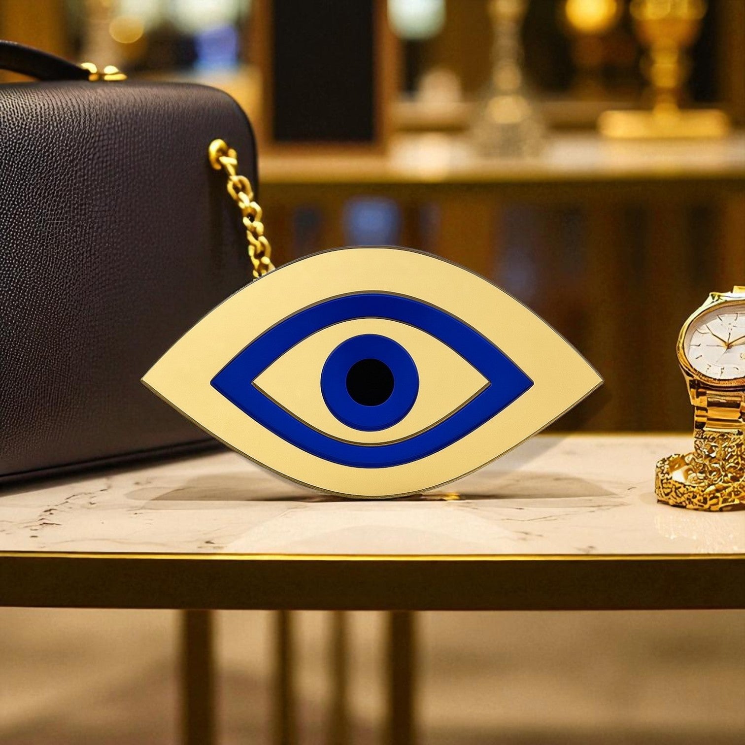 Χειροποίητο γούρι μάτι plexiglass καθρέφτης χρυσό και ασημί με μπλε ίριδα – So Cute by Dimi