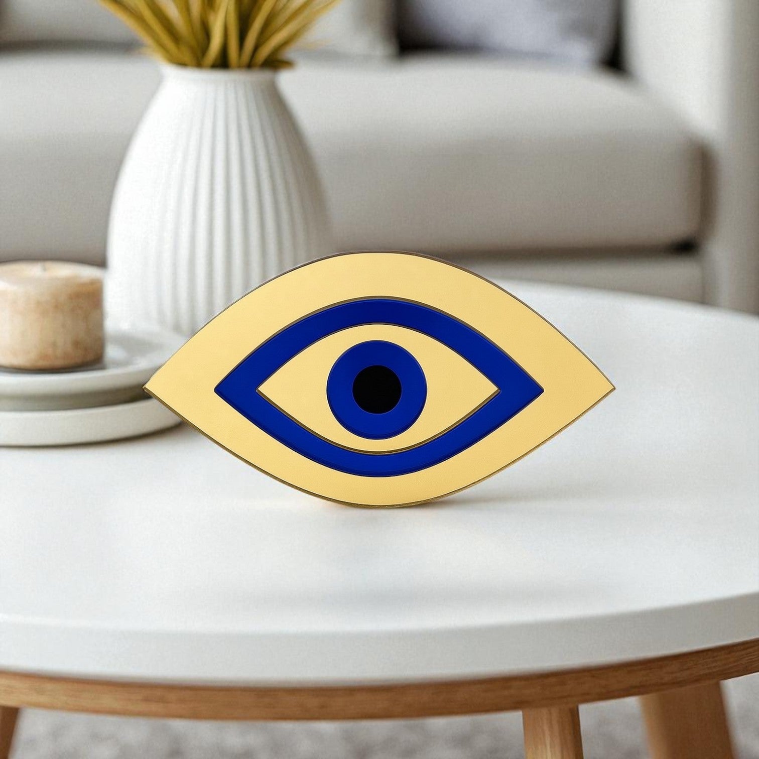 Χειροποίητο γούρι μάτι plexiglass καθρέφτης χρυσό και ασημί με μπλε ίριδα – So Cute by Dimi