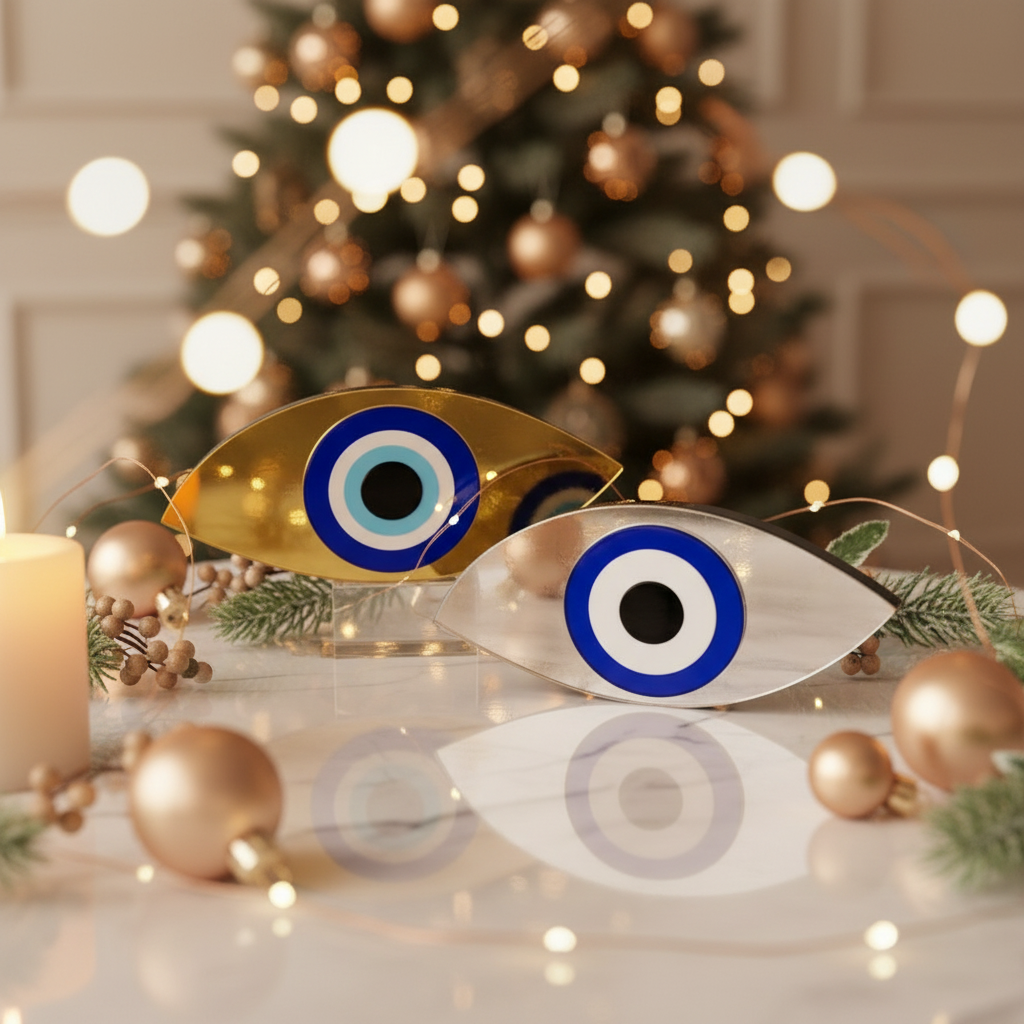 Χειροποίητο γούρι μάτι plexiglass καθρέφτης οβάλ λοξό σχήμα χρυσό και ασημί – So Cute by Dimi