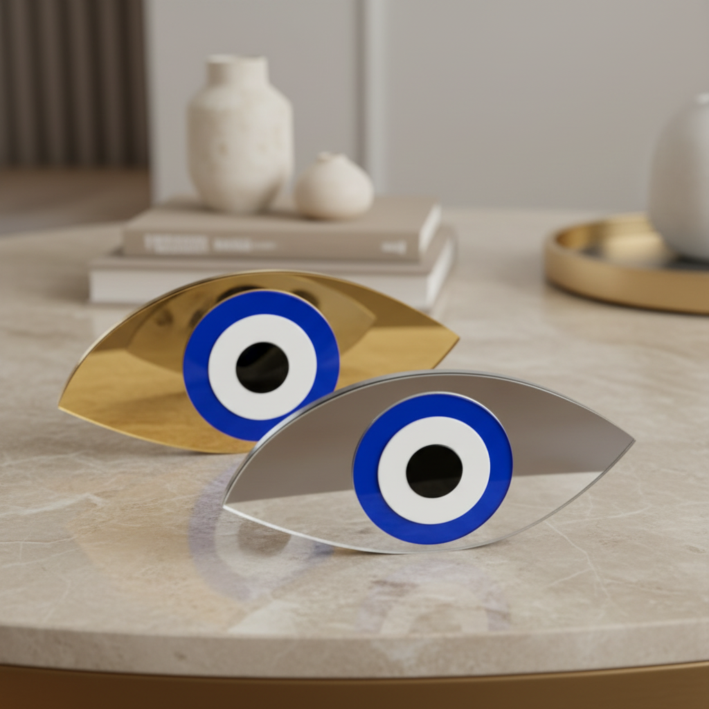 Χειροποίητο γούρι μάτι plexiglass καθρέφτης οβάλ λοξό σχήμα χρυσό και ασημί – So Cute by Dimi