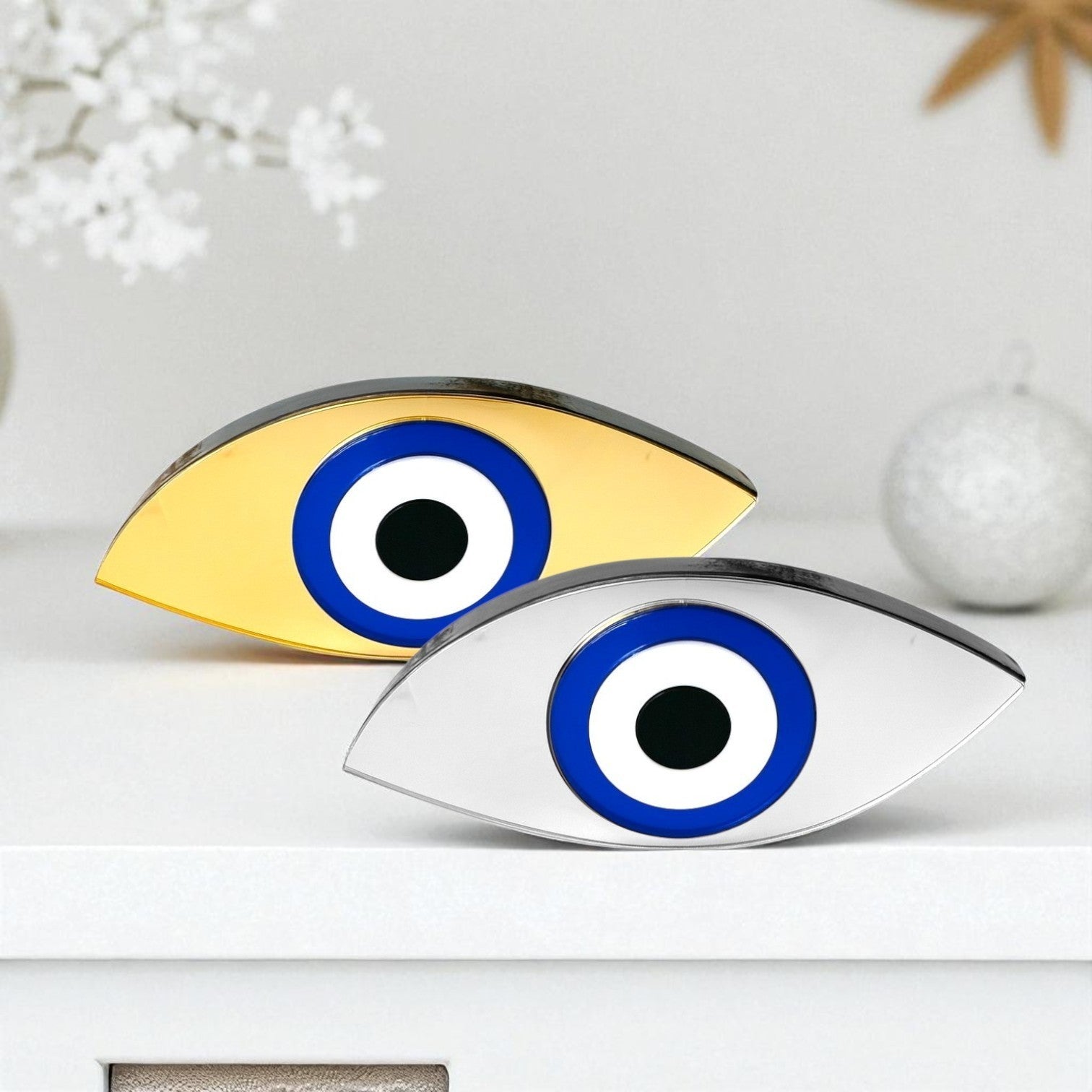 Χειροποίητο γούρι μάτι plexiglass καθρέφτης οβάλ λοξό σχήμα χρυσό και ασημί – So Cute by Dimi