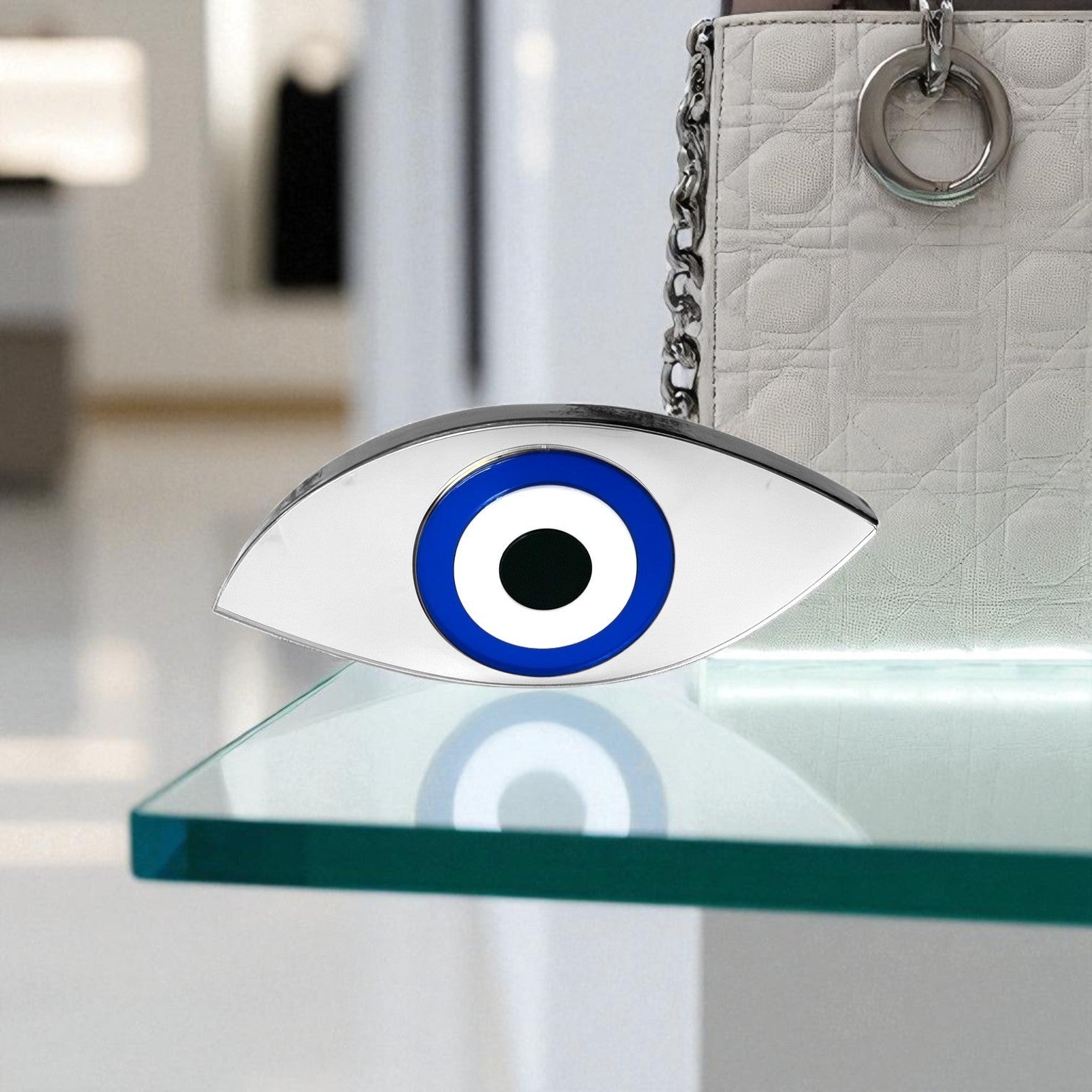 Χειροποίητο γούρι μάτι plexiglass καθρέφτης οβάλ λοξό σχήμα ασημί – So Cute by Dimi