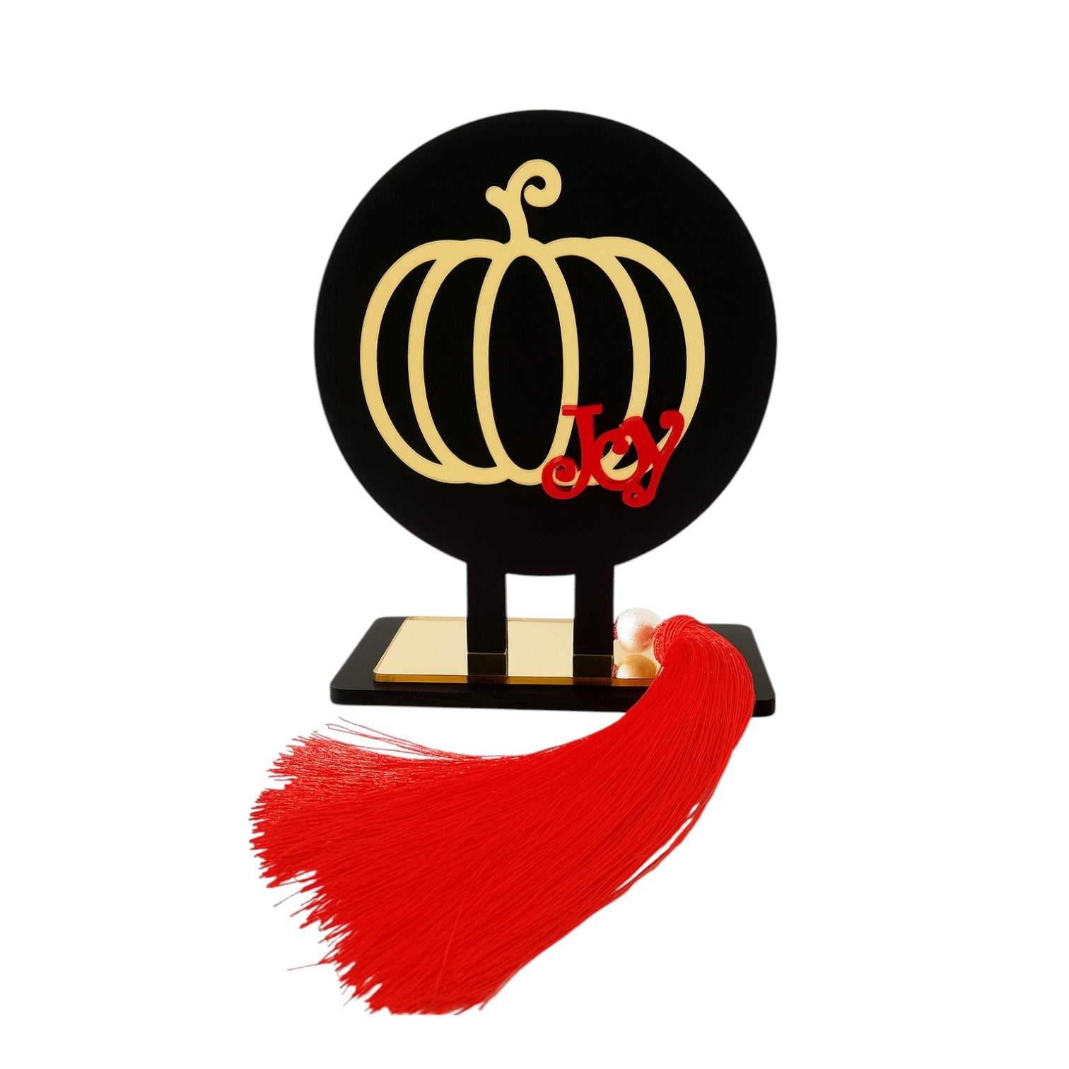 Γούρι Joy Pumpkin επιτραπέζιο χειροποίητο με κολοκύθα,vχρυσό plexiglass περίγραμμα, επιγραφή Joy & φούντα με πέρλα-So Cute by Dimi