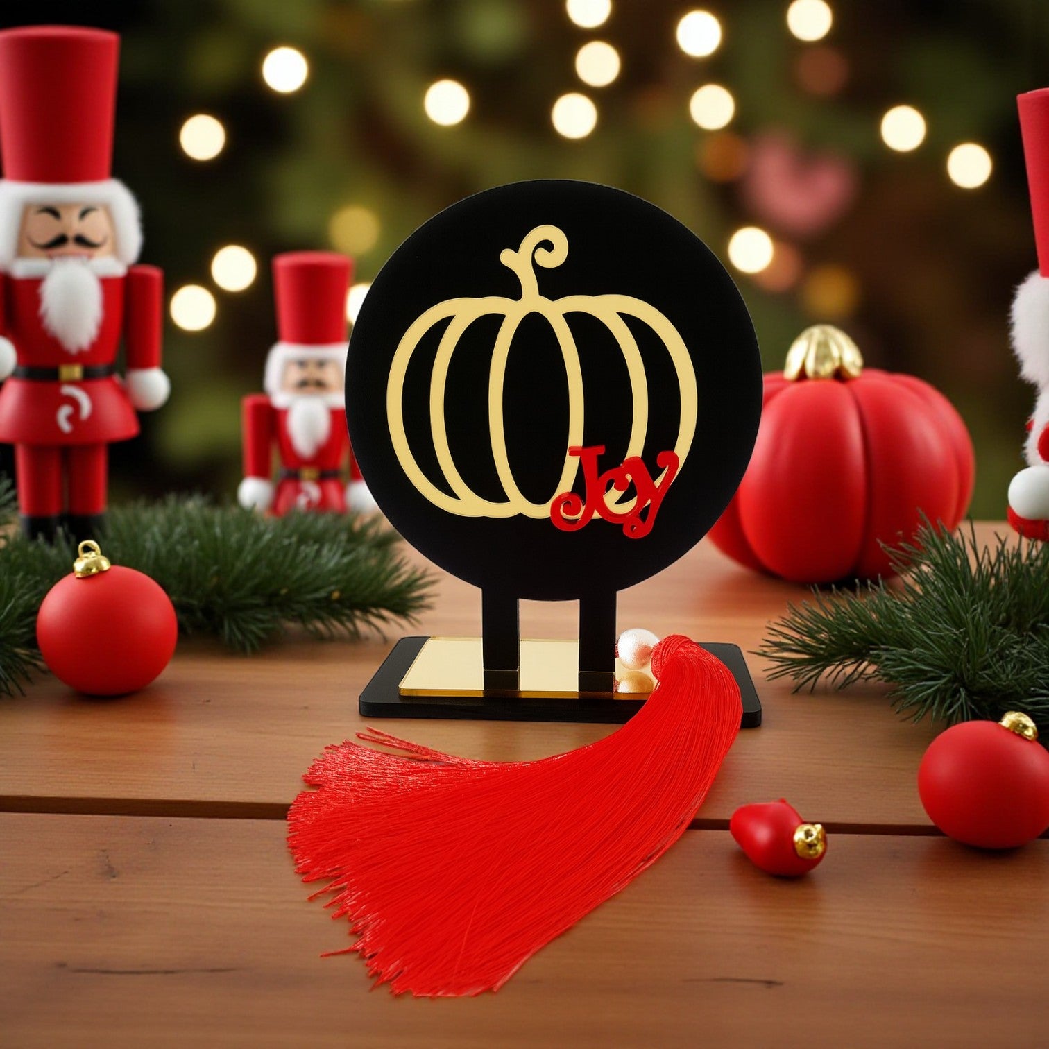 Γούρι Joy Pumpkin επιτραπέζιο χειροποίητο με κολοκύθα,vχρυσό plexiglass περίγραμμα, επιγραφή Joy & φούντα με πέρλα-So Cute by Dimi