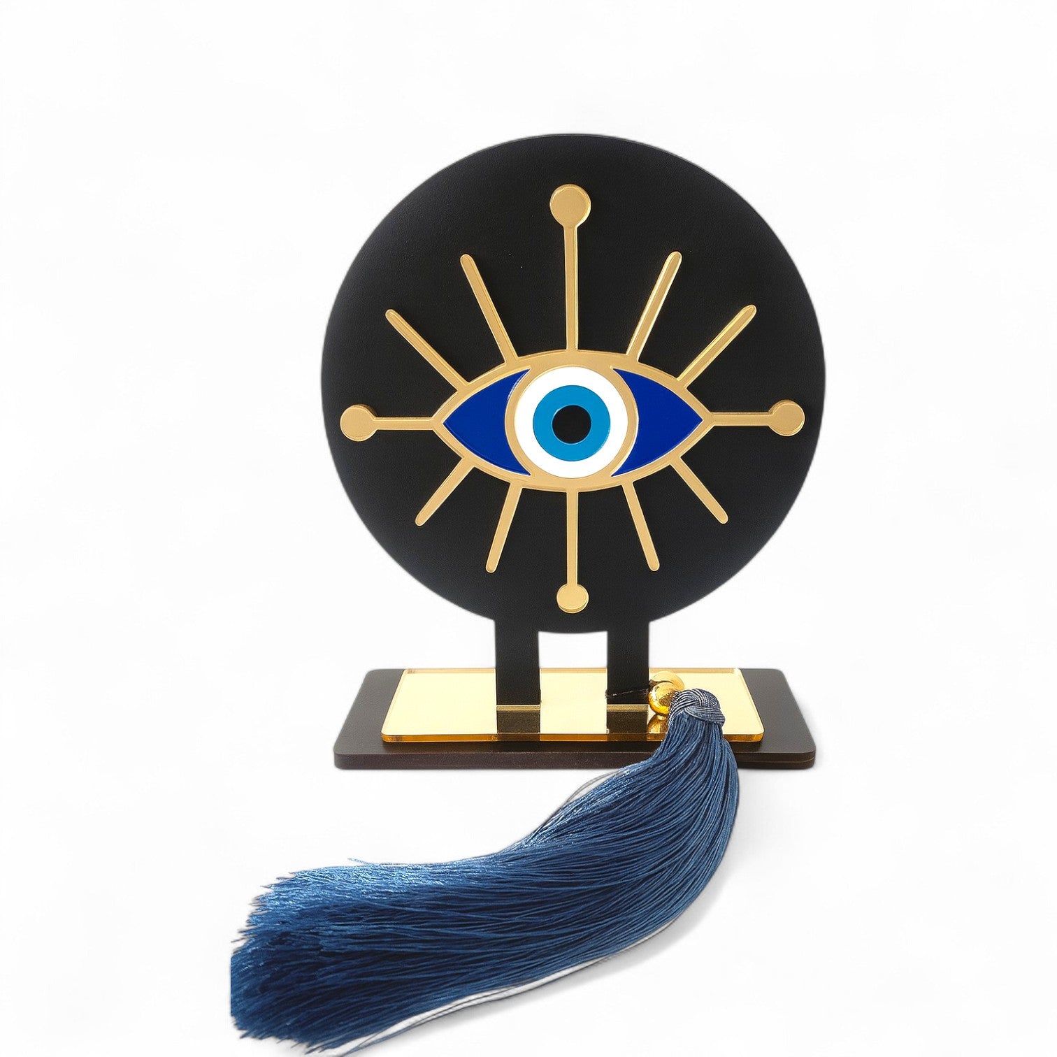 Ethnic Eye γούρι, επιτραπέζιο χειροποίητο ξύλινο με έθνικ μάτι plexiglass, ακτίνες & μπλε φούντα – So Cute by Dimi