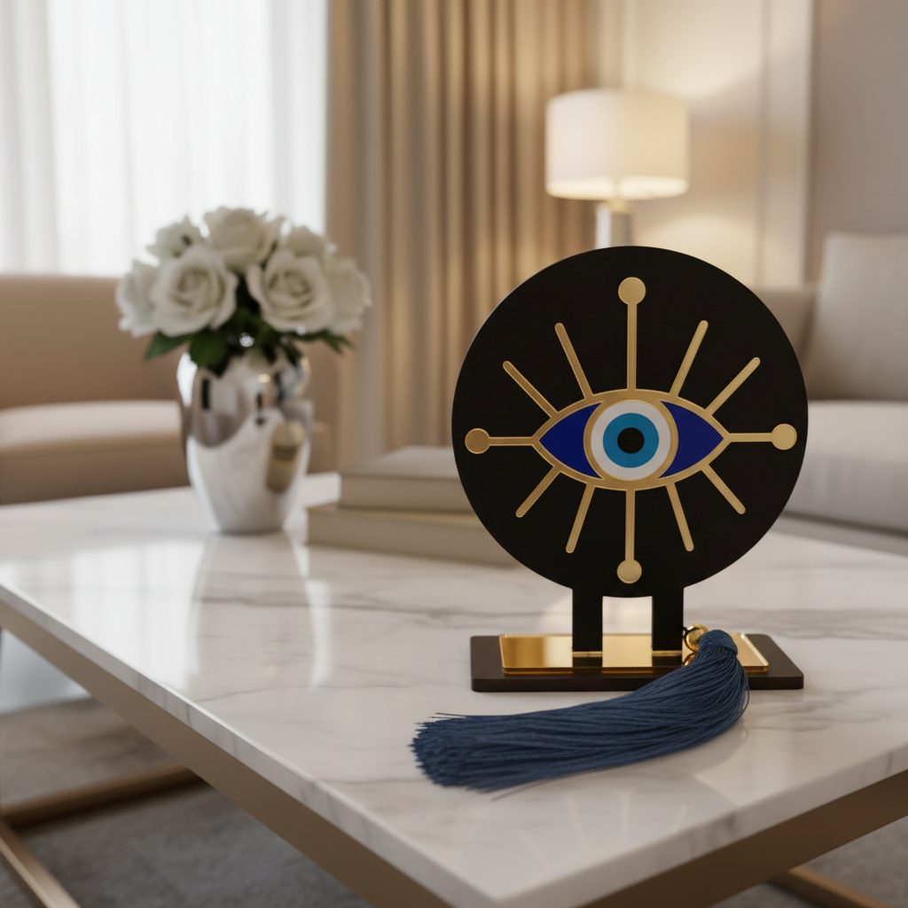 Ethnic Eye γούρι, επιτραπέζιο χειροποίητο ξύλινο με έθνικ μάτι plexiglass, ακτίνες & μπλε φούντα – So Cute by Dimi