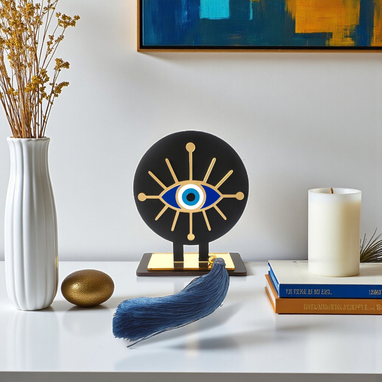Ethnic Eye γούρι, επιτραπέζιο χειροποίητο ξύλινο με έθνικ μάτι plexiglass, ακτίνες & μπλε φούντα – So Cute by Dimi