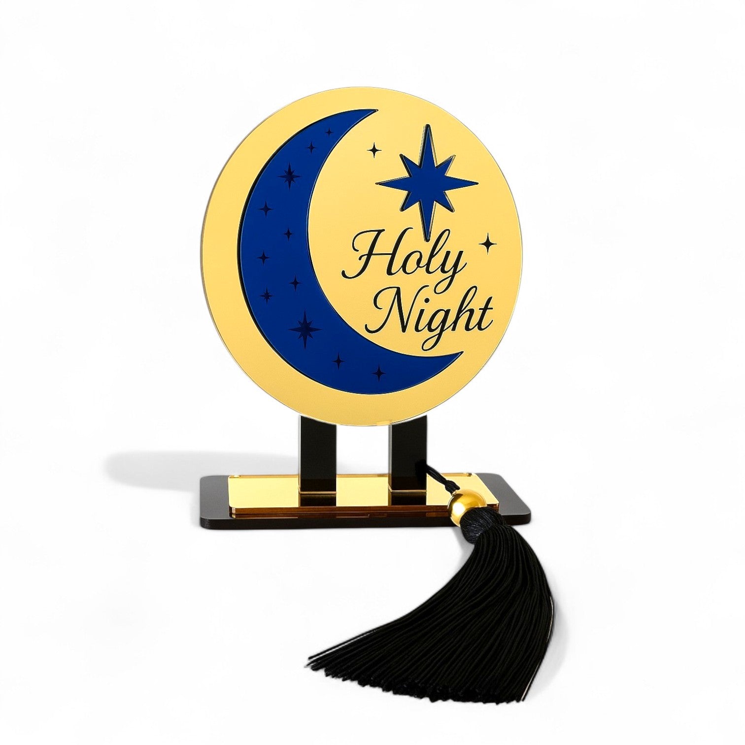 Holy Night γούρι, επιτραπέζιο χειροποίητο plexiglass με φεγγάρι, αστέρι & μαύρη φούντα – So Cute by Dimi