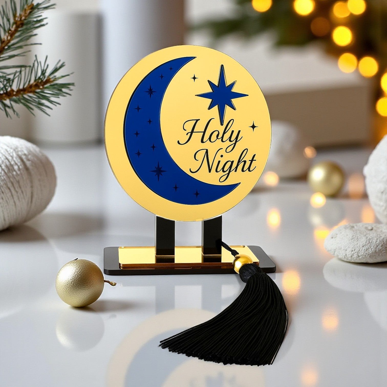 Holy Night γούρι, επιτραπέζιο χειροποίητο plexiglass με φεγγάρι, αστέρι & μαύρη φούντα – So Cute by Dimi