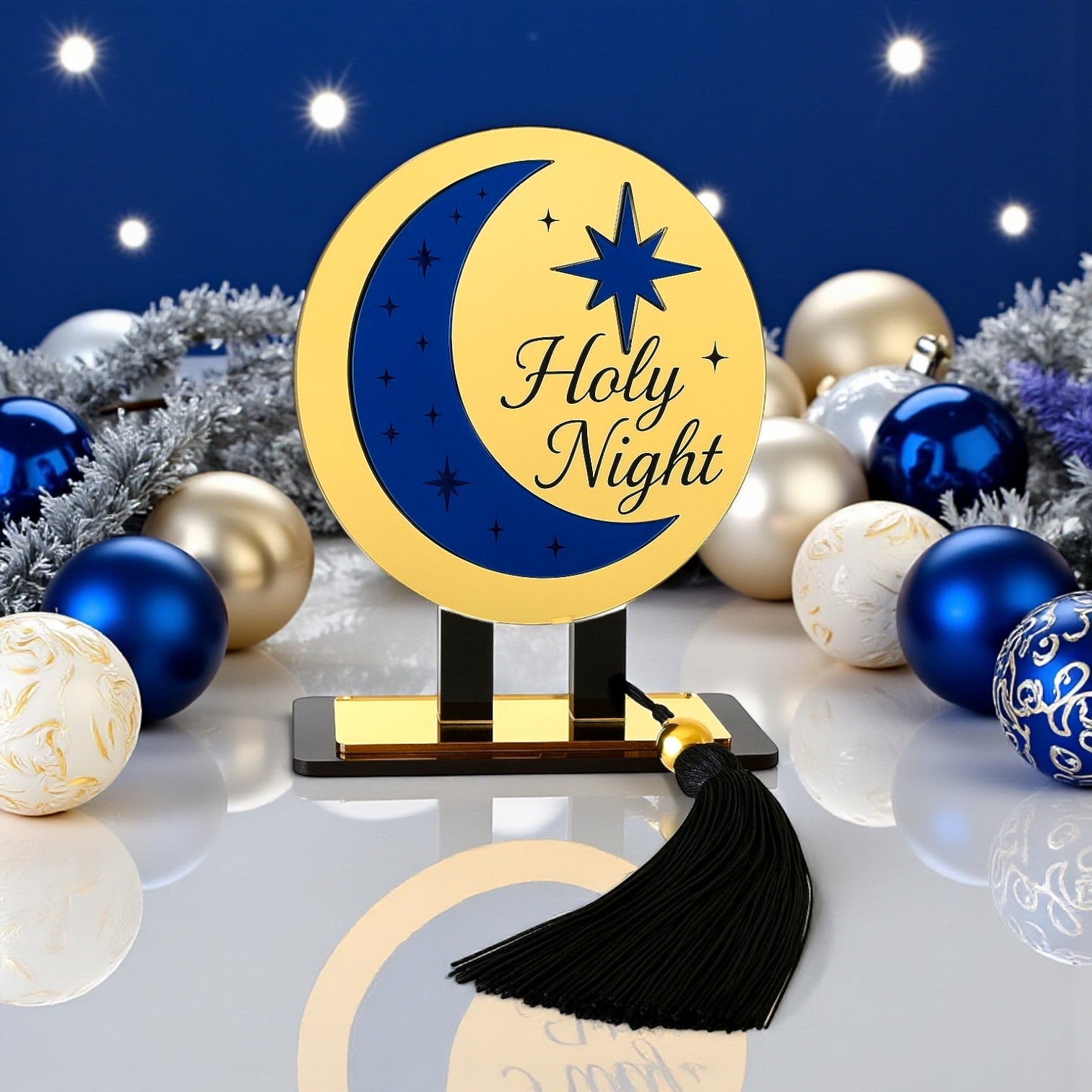 Holy Night γούρι, επιτραπέζιο χειροποίητο plexiglass με φεγγάρι, αστέρι & μαύρη φούντα – So Cute by Dimi
