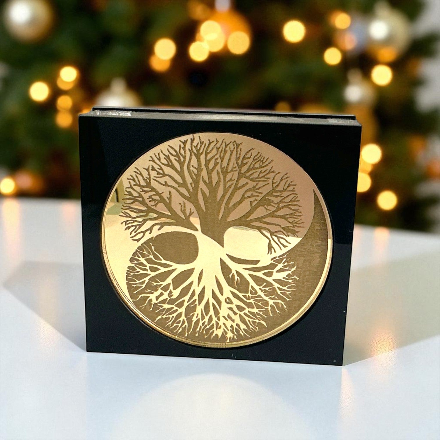 Yin Yang Tree γούρι, επιτραπέζιο χειροποίητο ξύλο & χρυσό plexiglass με Δέντρο Ζωής – So Cute by Dimi