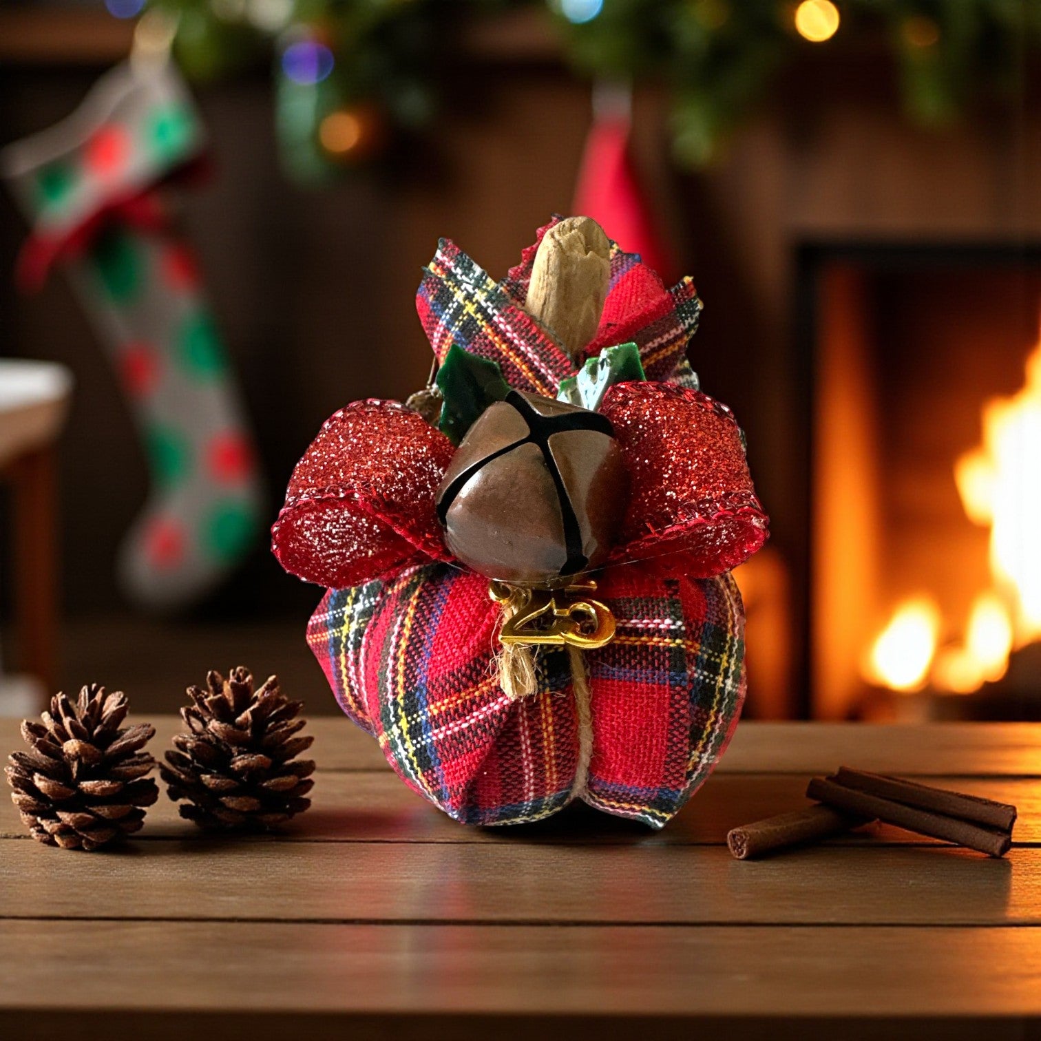 Γούρι 2026 κολοκύθα καρό ύφασμα με φιόγκους και vintage κουδουνάκι – So Cute by Dimi