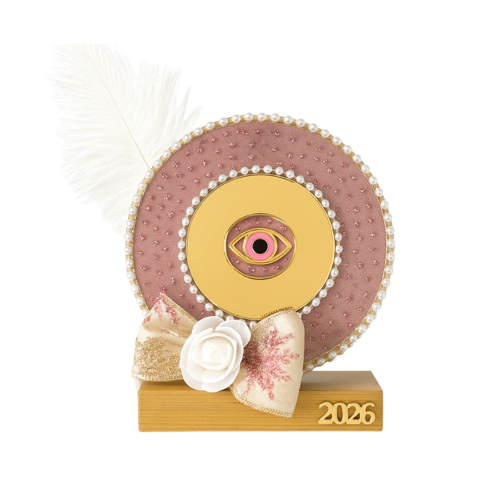 Γούρι 2026 – Golden Bloom Eye με Πέρλες & Φτερό | Συλλογή Christmas Fairytale - So Cute by Dimi