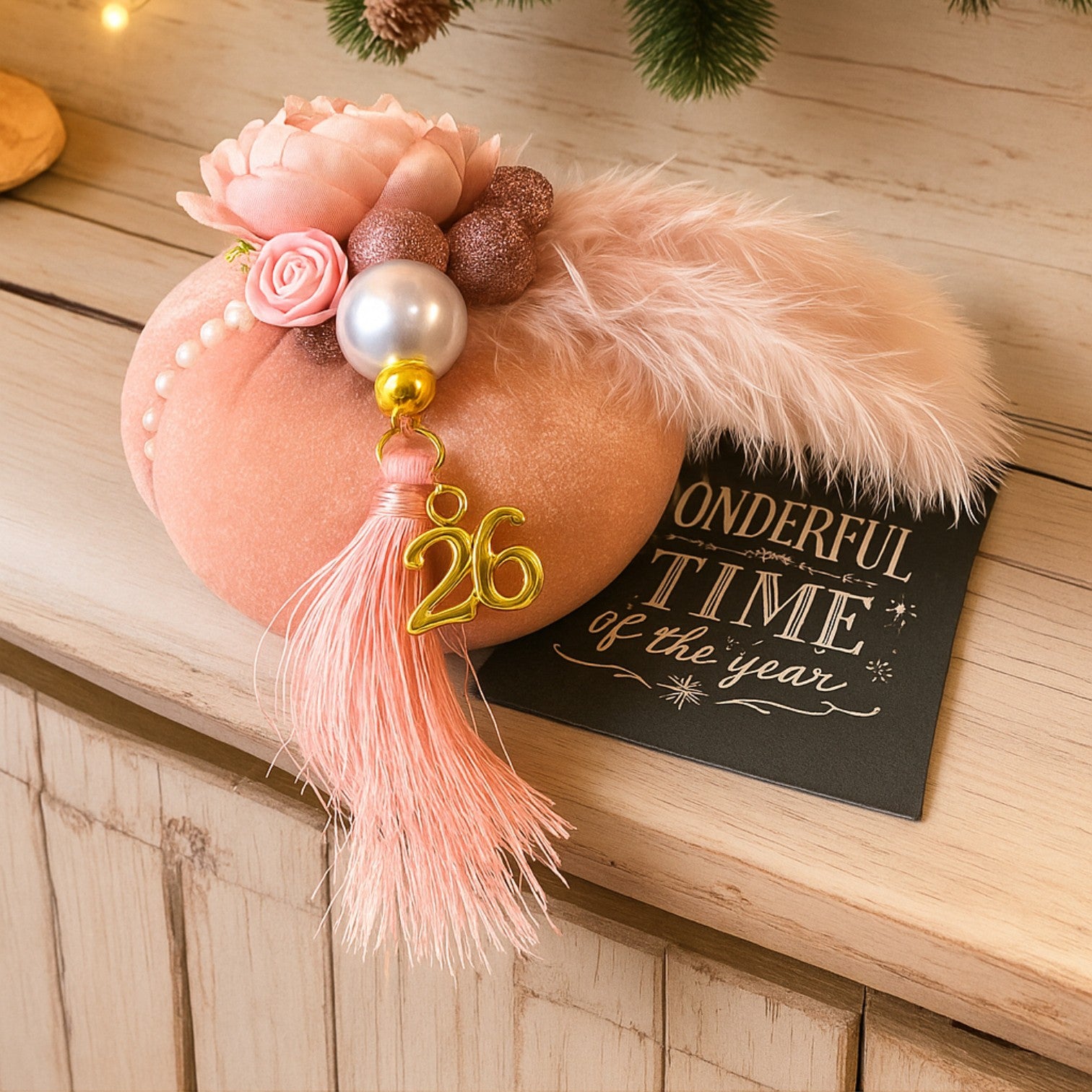 Γούρι 2026 Velvet Pumpkin Charm με πέρλες, φτερό & λουλούδι – So Cute by Dimi