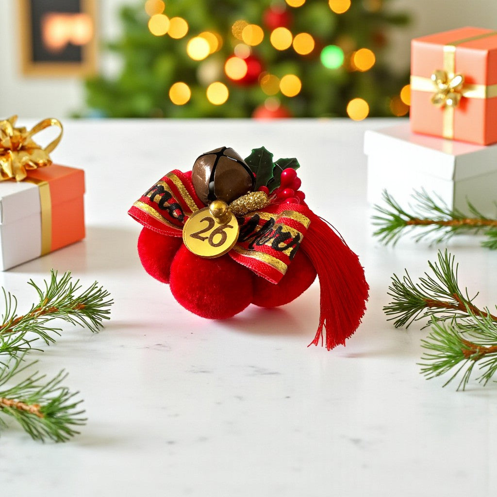 Χειροποίητο γούρι 2026 μικρή βελούδινη κολοκύθα με φιόγκους και κουδουνάκι