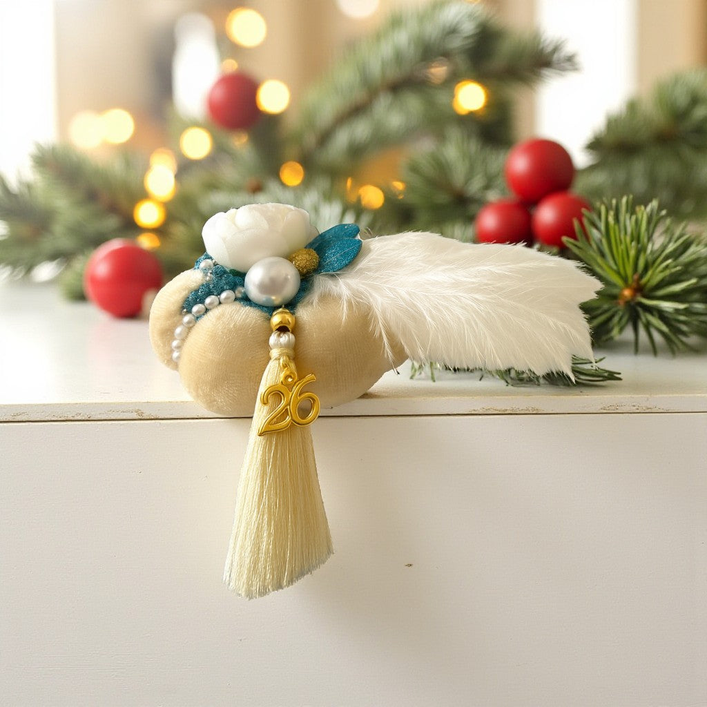 Χειροποίητο γούρι βελούδινη κολοκύθα με πέρλες, φτερό και καρδιά, So Cute by Dimi