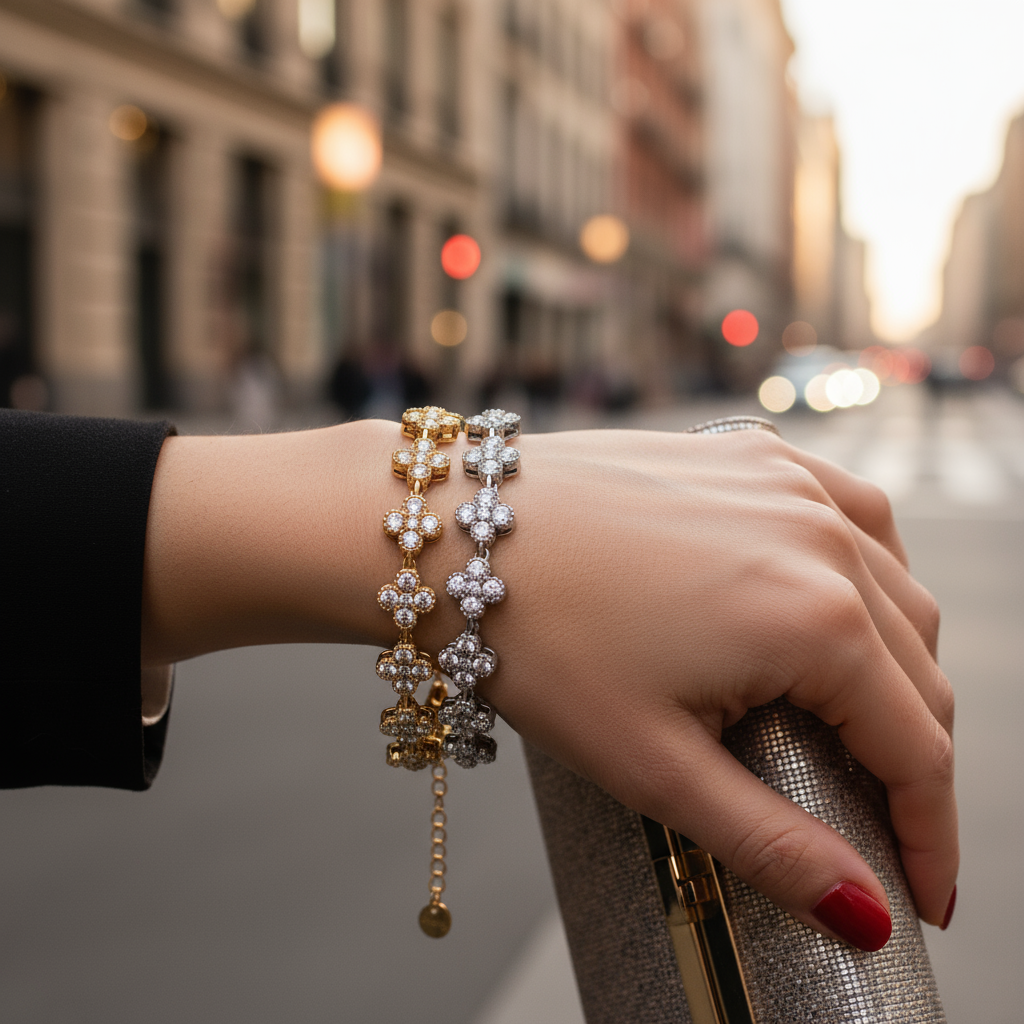 Close-up of a hand wearing two diamond bracelets with a blurred city street background