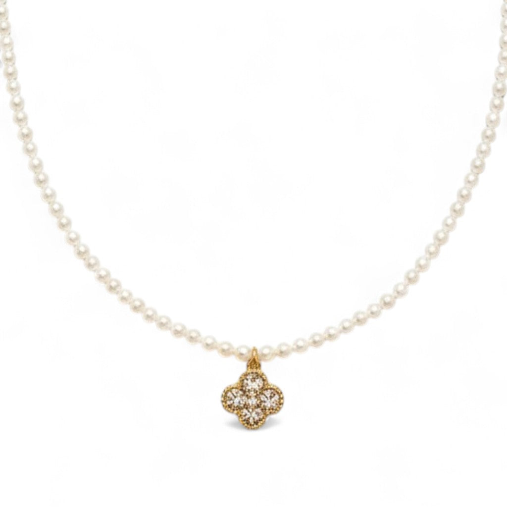 Ατσάλινο κολιέ με πέρλες και μοτίφ clover με ζιργκόν So Cute by Dimi