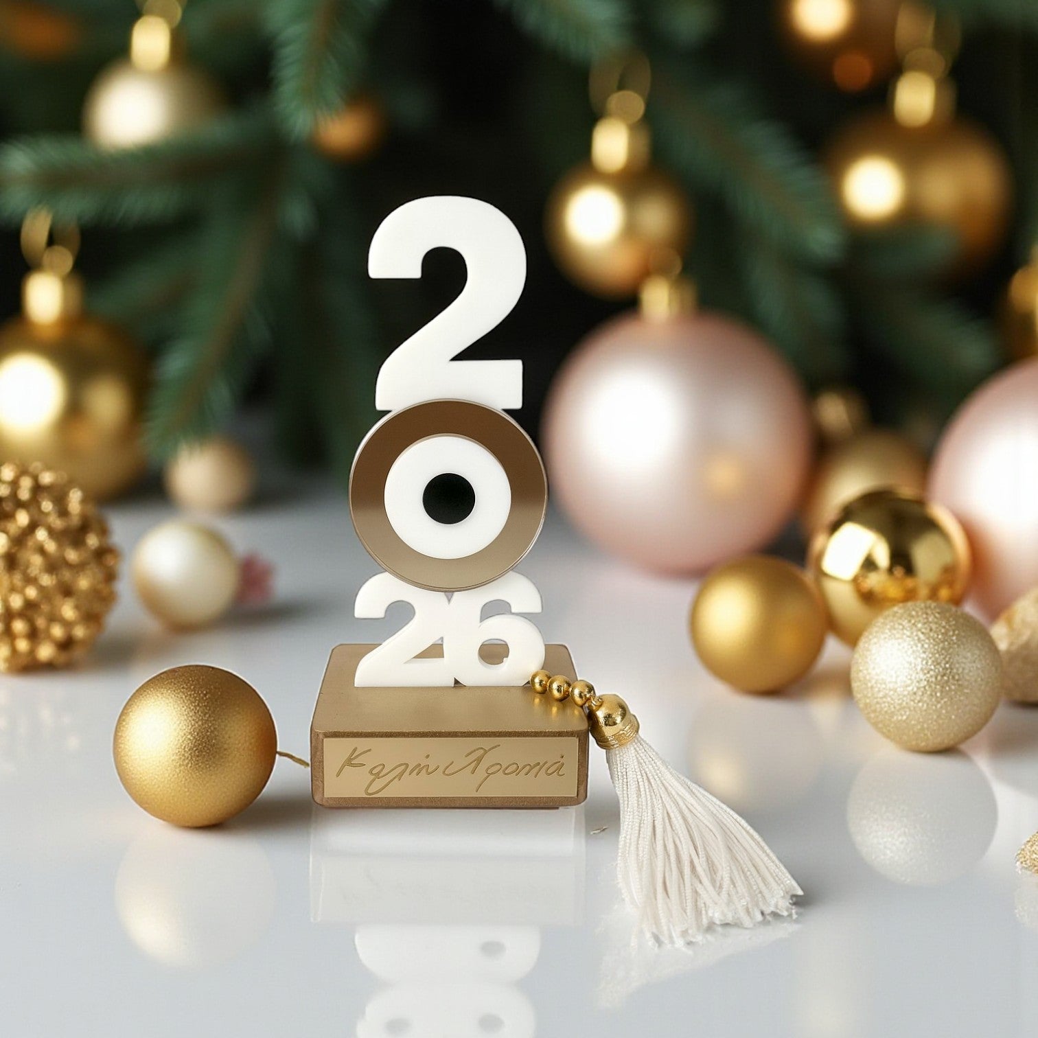 Γούρι 2026 Επιτραπέζιο Κάθετο με Μάτι & Ξύλινη Βάση - So Cute by Dimi