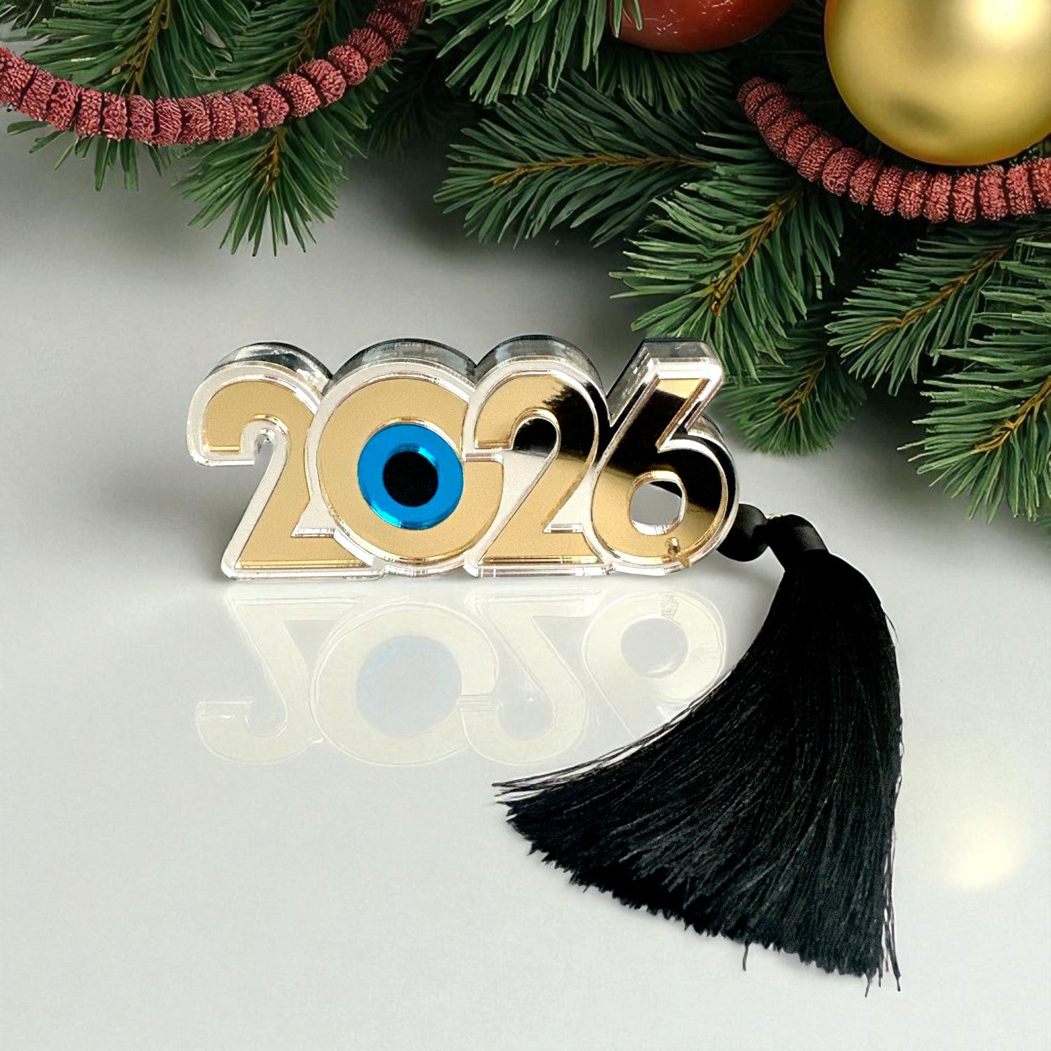 Γούρι 2026 plexiglass καθρέφτης χρυσό & ασημί με μάτι και φούντα – So Cute by Dimi