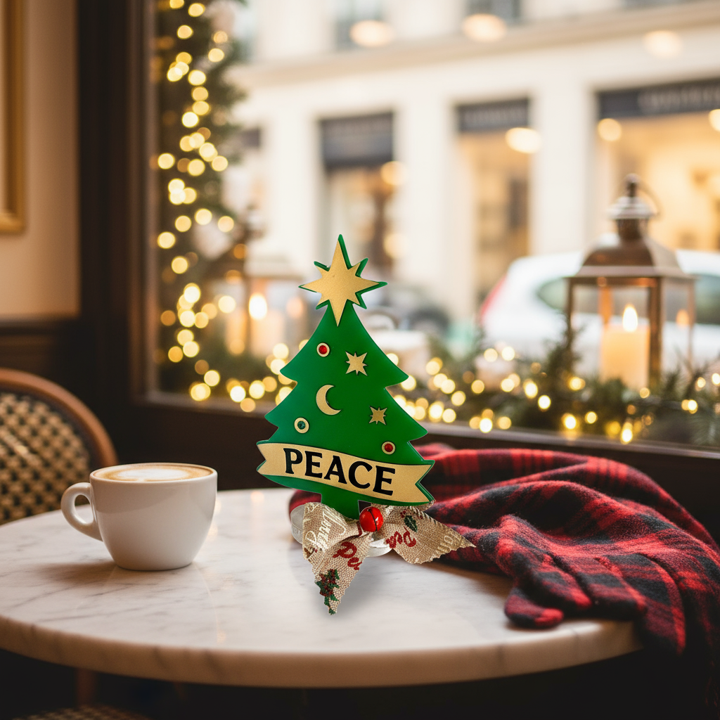 Επιτραπέζιο γούρι Christmas Pop Peace Tree από plexiglass σε σχήμα δέντρου με banner PEACE – So Cute by Dimi