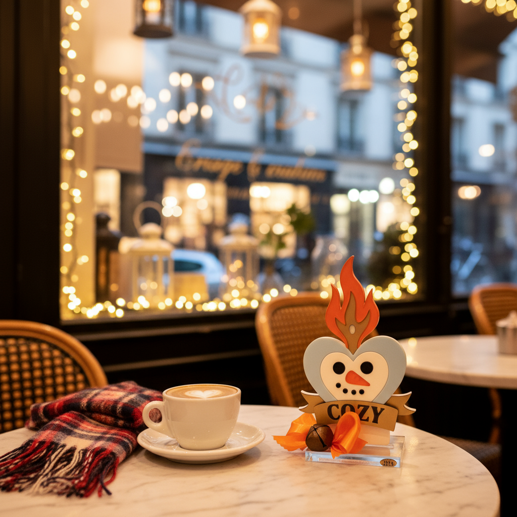 Γούρι 2026 επιτραπέζιο plexiglass χιονάνθρωπος με φιόγκο & banner Cozy – So Cute by Dimi