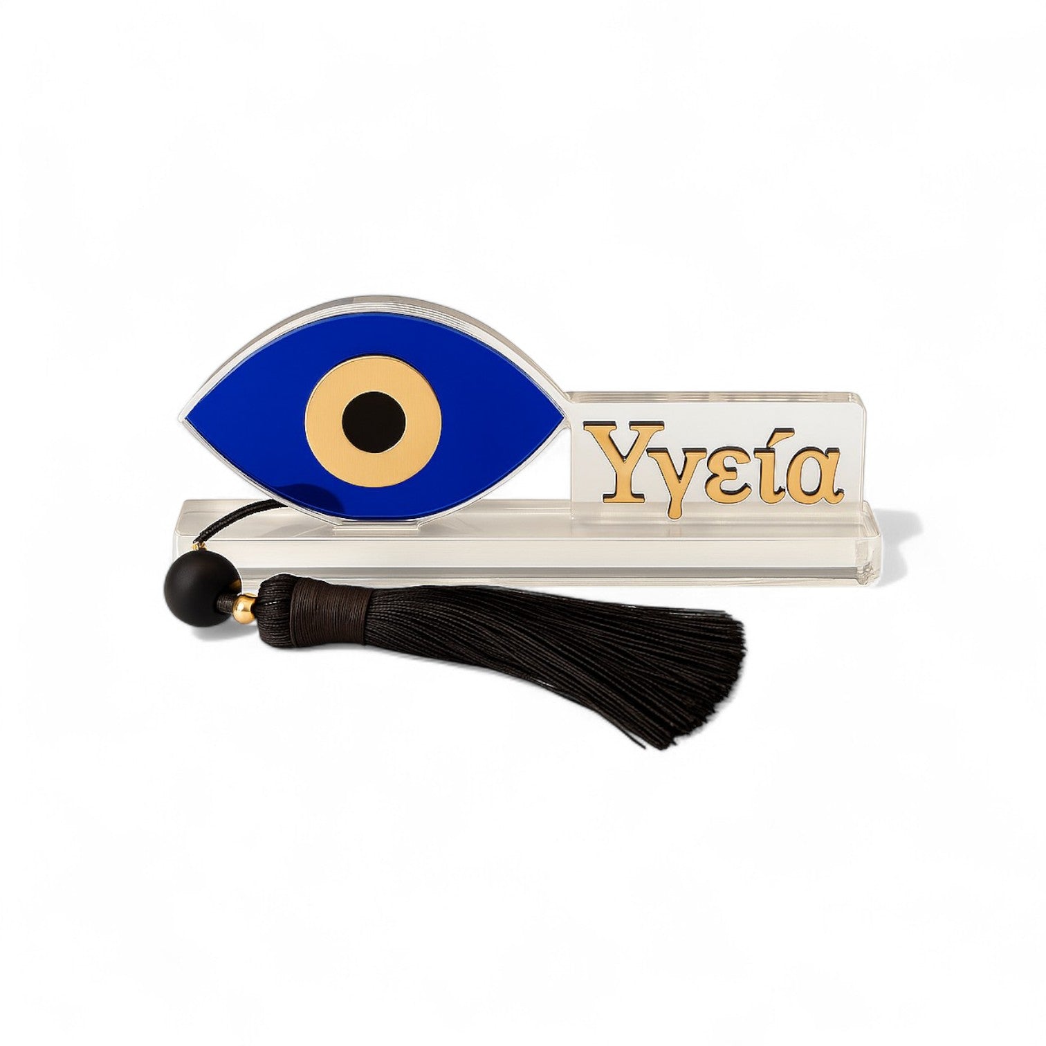 Επιτραπέζιο γούρι Μάτι με ευχή Υγεία, plexiglass μπλε & χρυσό με χάντρες και φούντα – συλλογή Greek Wishes