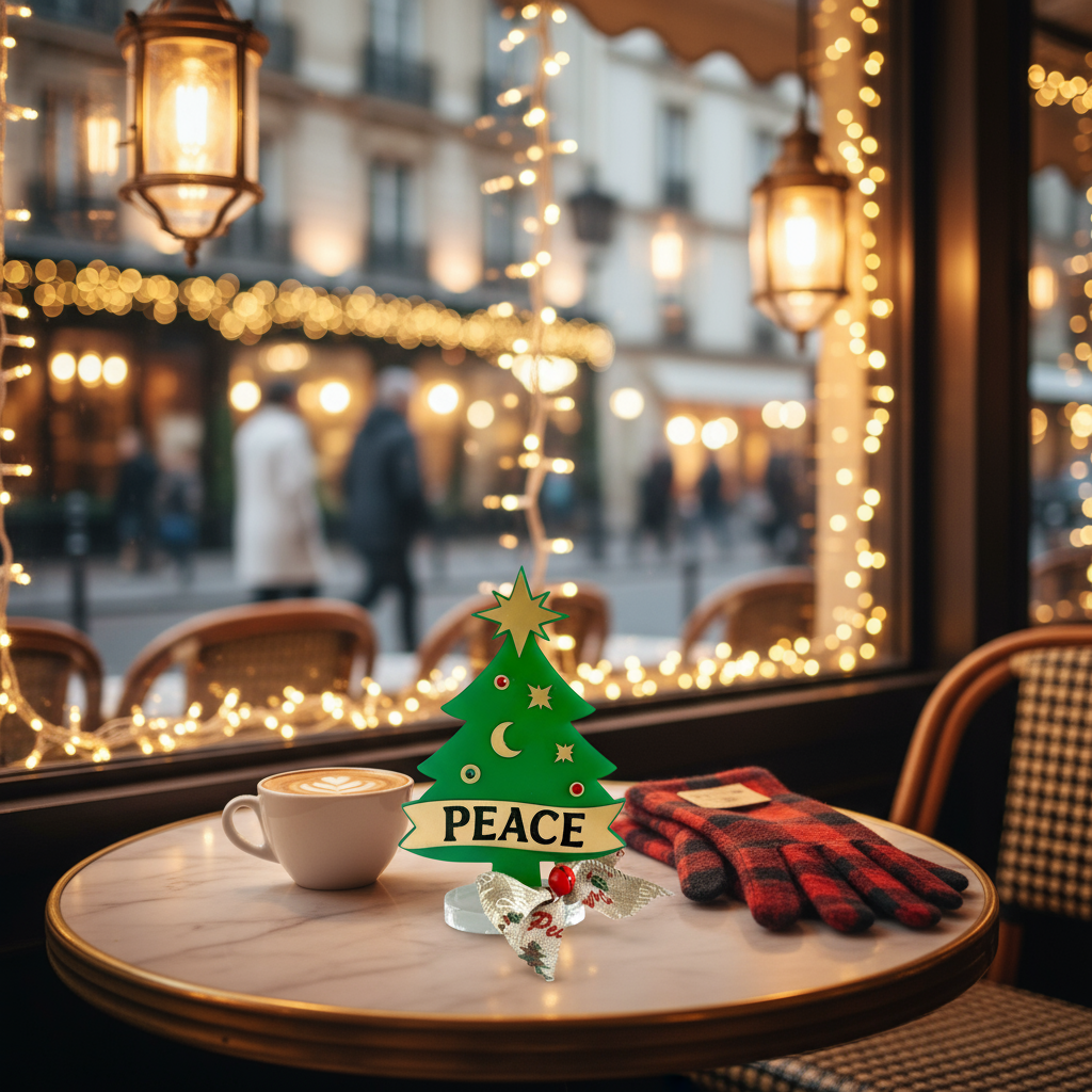 Επιτραπέζιο γούρι Christmas Pop Peace Tree από plexiglass σε σχήμα δέντρου με banner PEACE – So Cute by Dimi