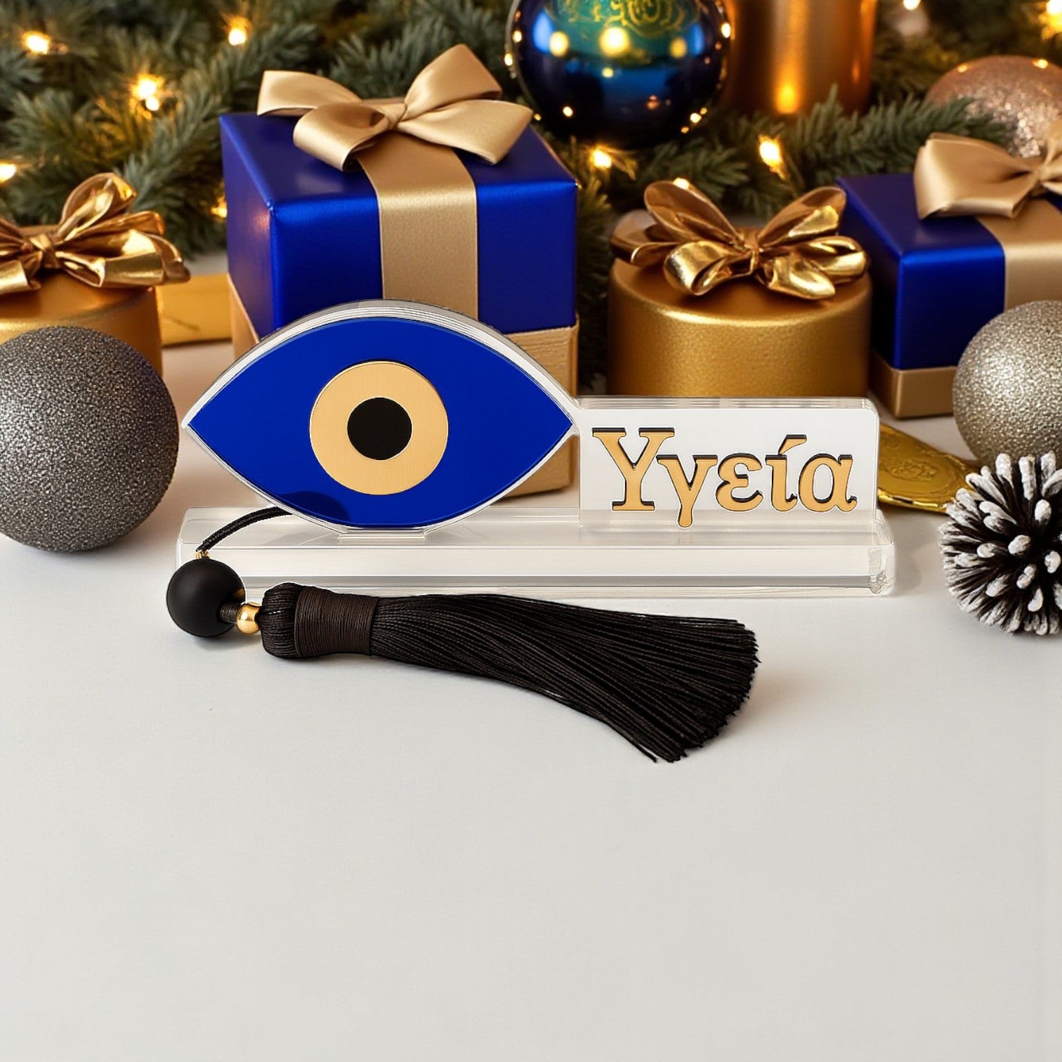 Επιτραπέζιο γούρι Μάτι με ευχή Υγεία, plexiglass μπλε & χρυσό με χάντρες και φούντα – συλλογή Greek Wishes