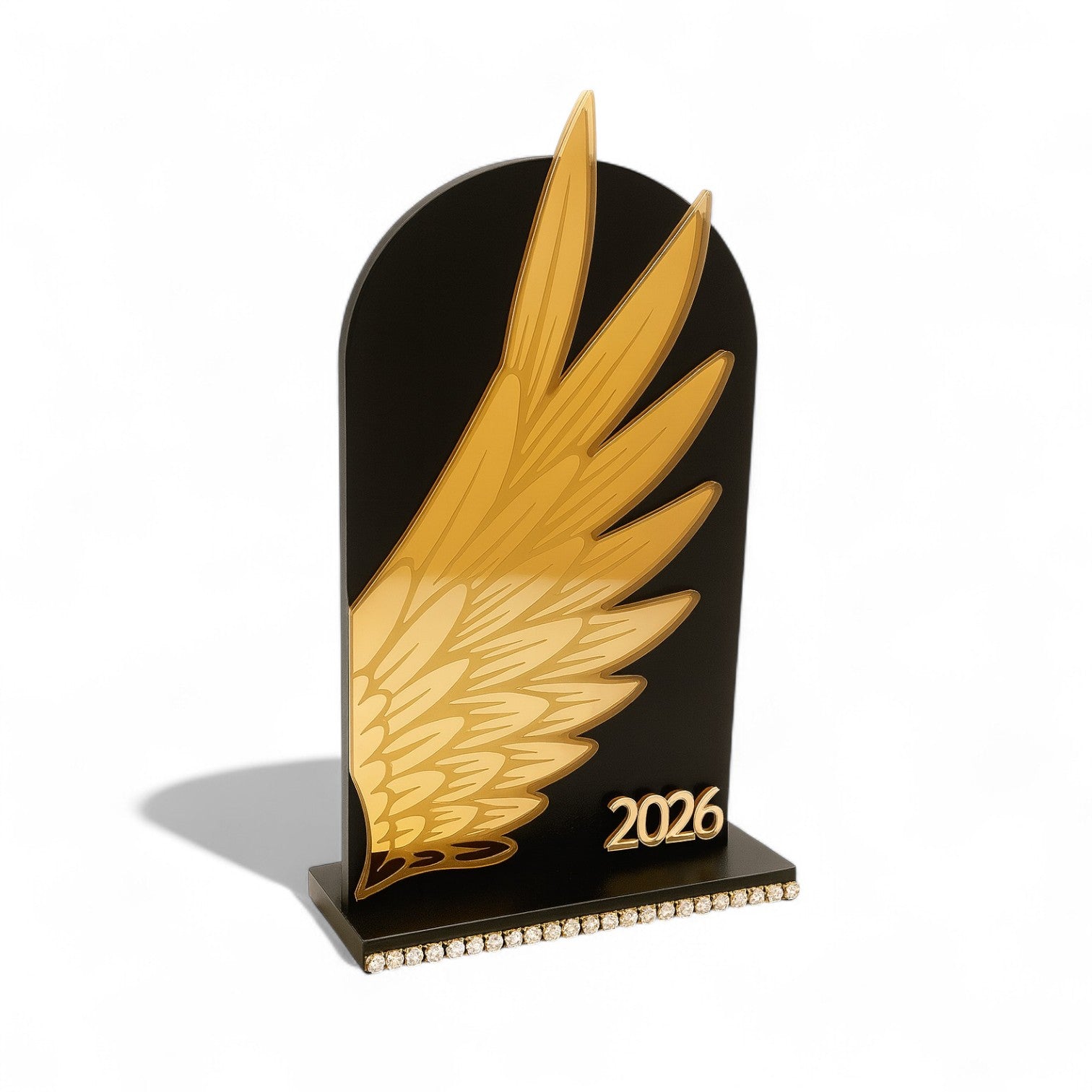 Γούρι Angel Wing 2026, επιτραπέζιο χειροποίητο με φτερό αγγέλου από plexiglass καθρέφτη σε ξύλινη βάση με στρας – πολυτελές διακοσμητικό So Cute by DImi