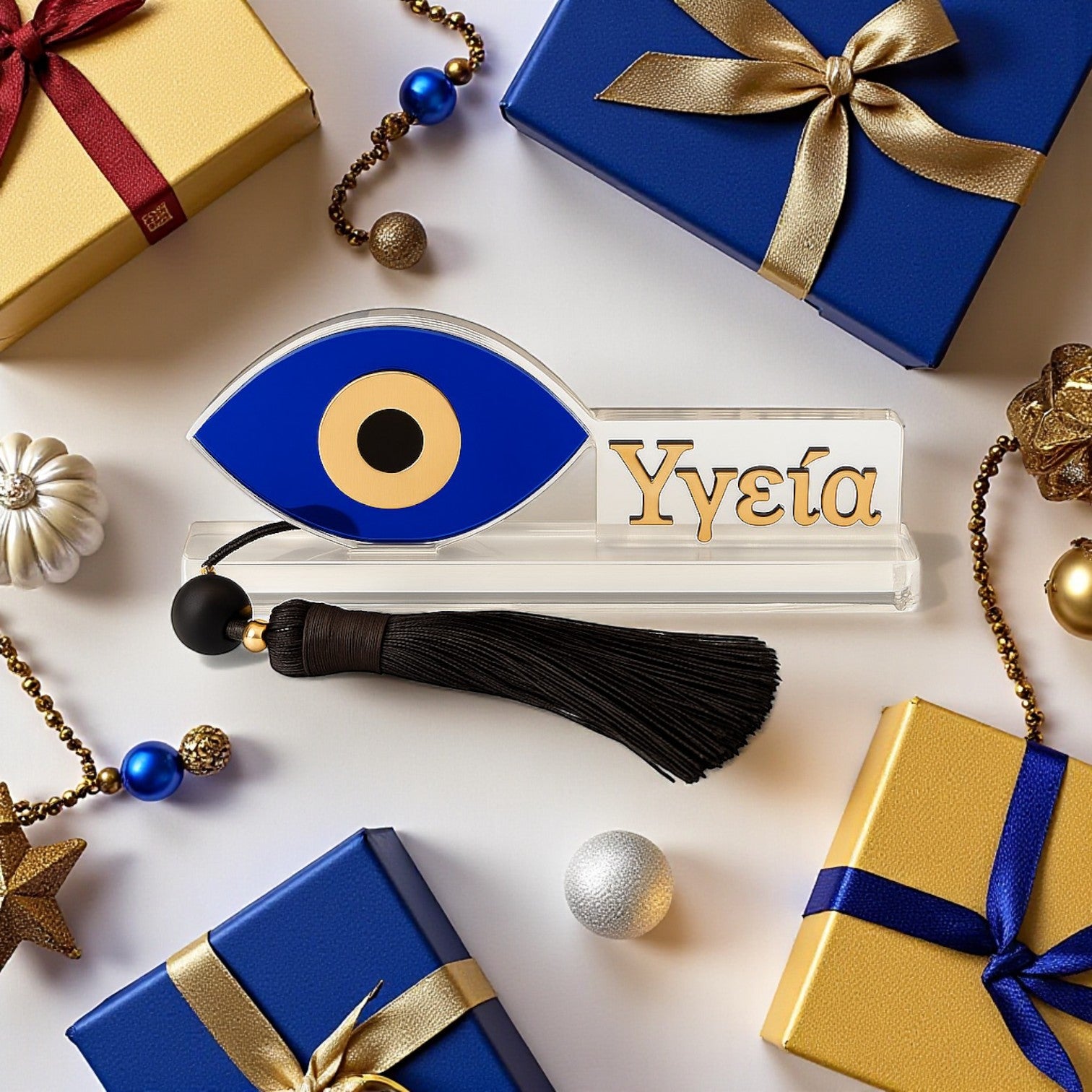 Επιτραπέζιο γούρι Μάτι με ευχή Υγεία, plexiglass μπλε & χρυσό με χάντρες και φούντα – συλλογή Greek Wishes