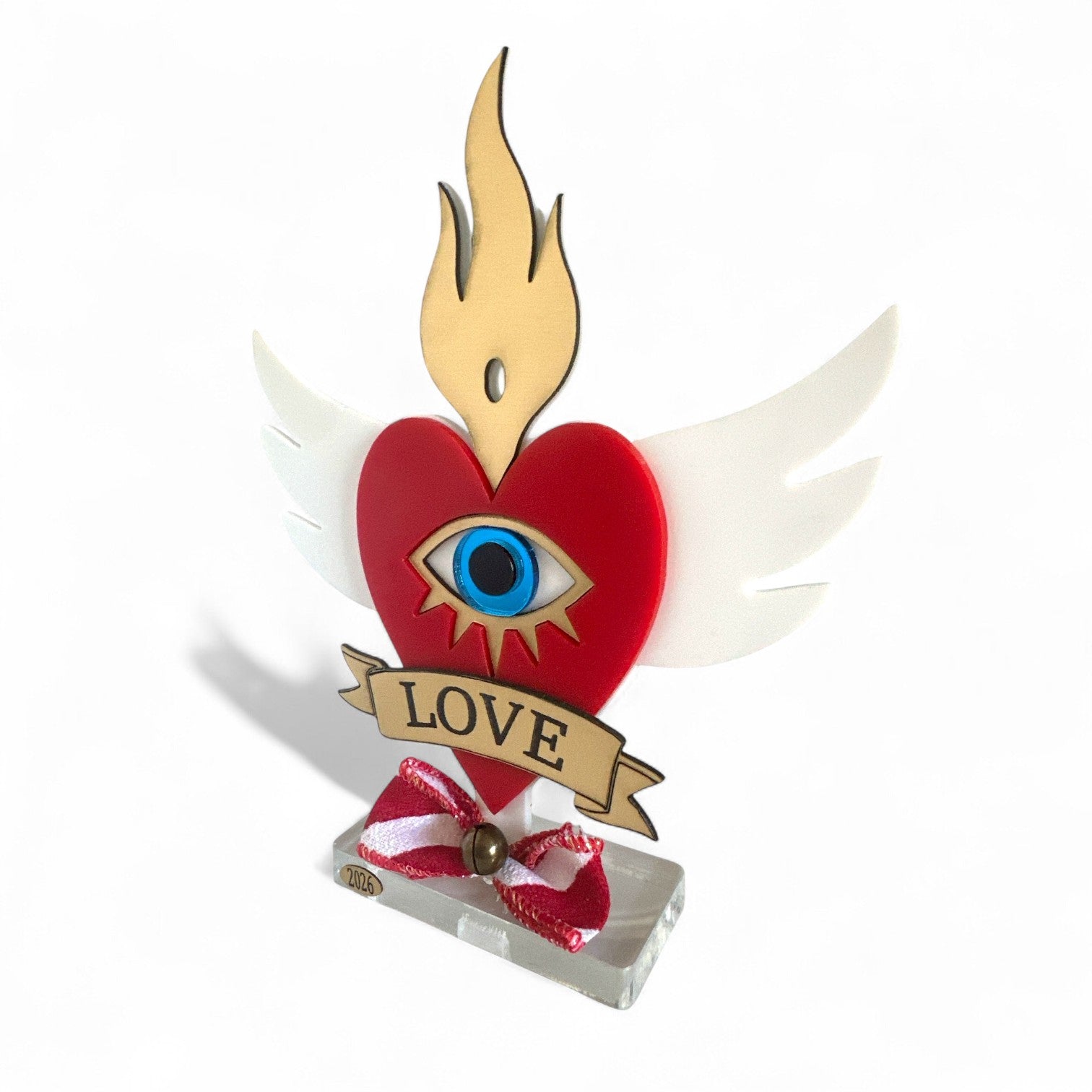 Επιτραπέζιο γούρι Christmas Pop Love Heart από plexiglass με μάτι, φλόγα, φτερά & banner LOVE – So Cute by Dimi