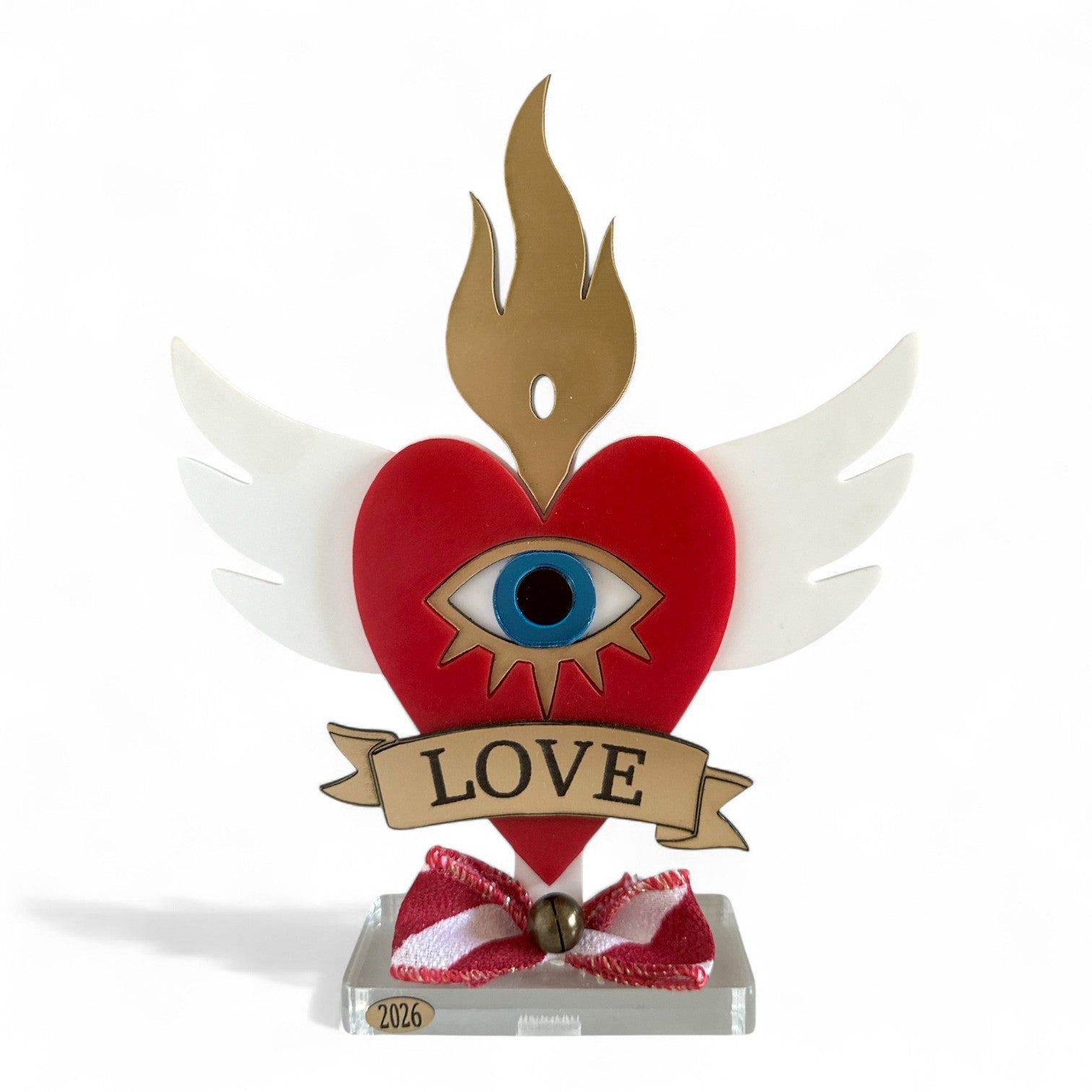 Επιτραπέζιο γούρι Christmas Pop Love Heart από plexiglass με μάτι, φλόγα, φτερά & banner LOVE – So Cute by Dimi