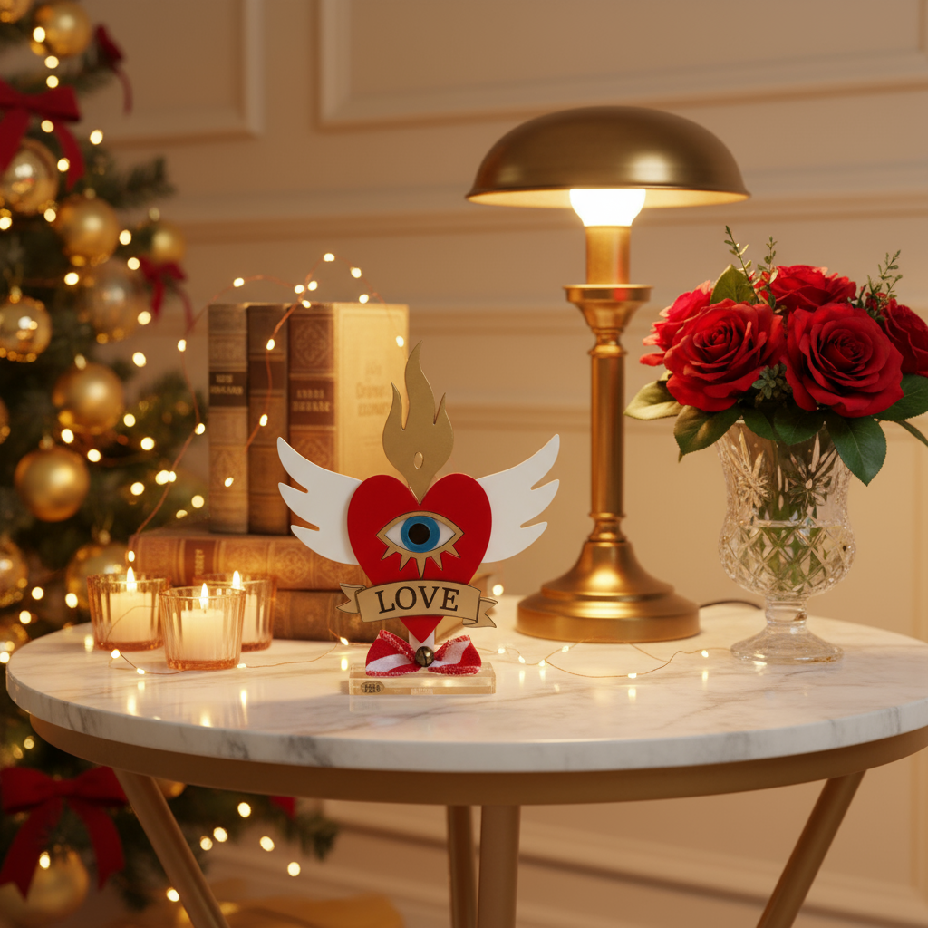 Επιτραπέζιο γούρι Christmas Pop Love Heart από plexiglass με μάτι, φλόγα, φτερά & banner LOVE – So Cute by Dimi