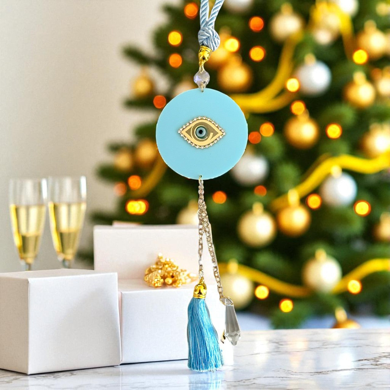 Γούρι Elegant Eye κρεμαστό με μάτι, στρας και κρύσταλλο σε στρογγυλή βάση plexiglass So Cute by Dimi