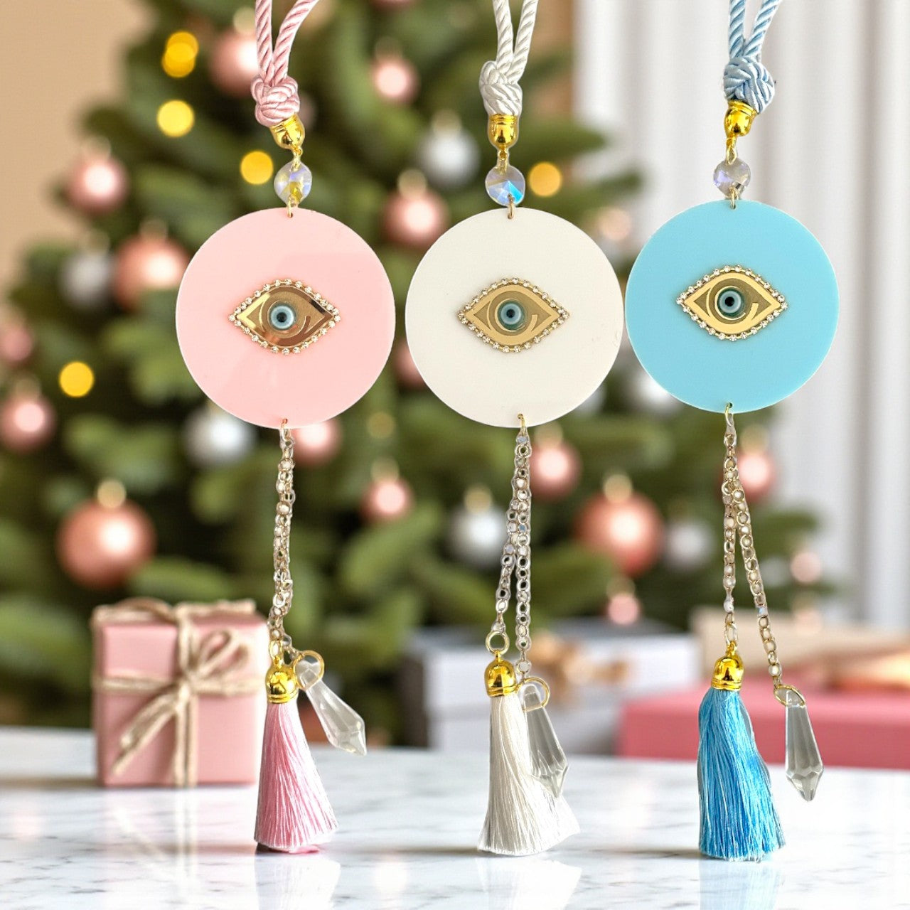 Γούρι Elegant Eye κρεμαστό με μάτι, στρας και κρύσταλλο σε στρογγυλή βάση plexiglass So Cute by Dimi