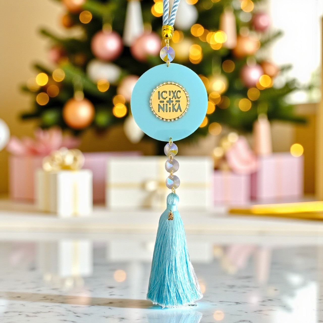 Χειροποίητο γούρι 2026 Elegant Κωνσταντινάτο με πλεξιγκλάς καθρέφτη, στρας, κρύσταλλα και φούντα