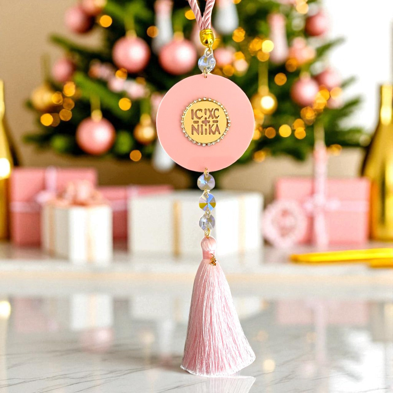 Χειροποίητο γούρι 2026 Elegant Κωνσταντινάτο με πλεξιγκλάς καθρέφτη, στρας, κρύσταλλα και φούντα