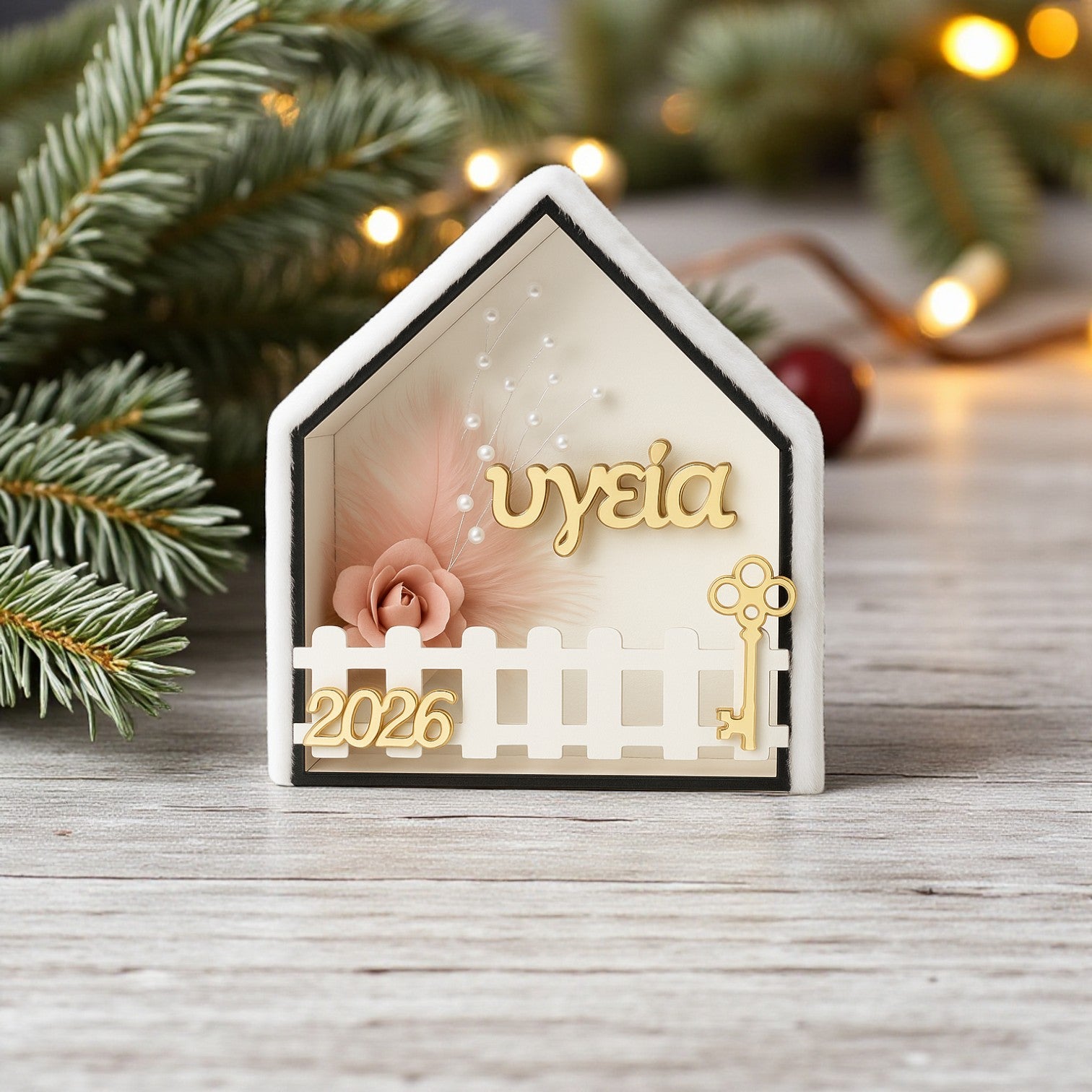 Επιτραπέζιο γούρι σπιτάκι Υγεία με γούνινη σκεπή, χρυσό καθρέφτη και charm 2026 σε διαστάσεις 15×14 εκ., So Cute by Dimi