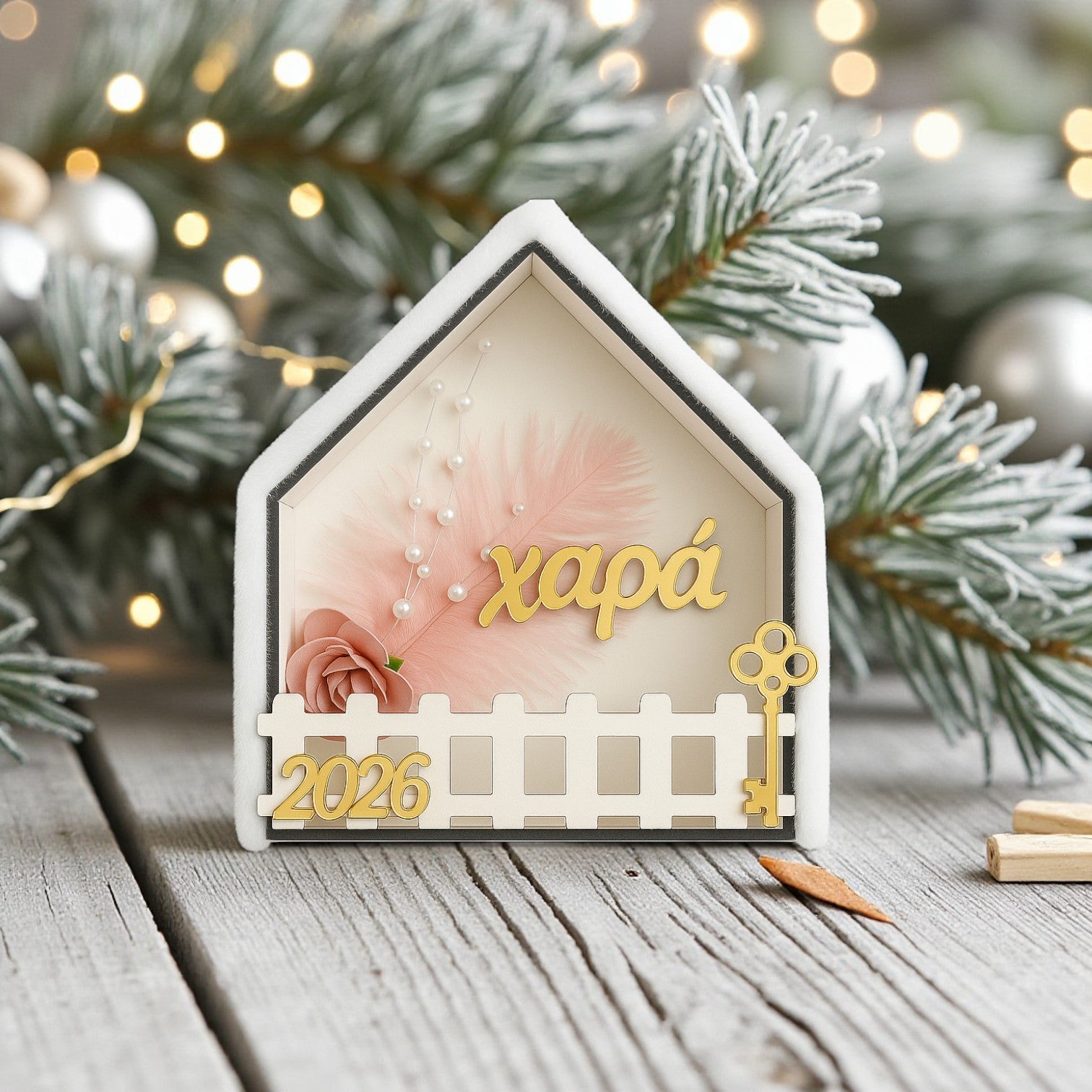 Επιτραπέζιο γούρι σπιτάκι Χαρά με γούνινη σκεπή, χρυσό καθρέφτη και charm 2026 σε διαστάσεις 15×14 εκ., So Cute by Dimi