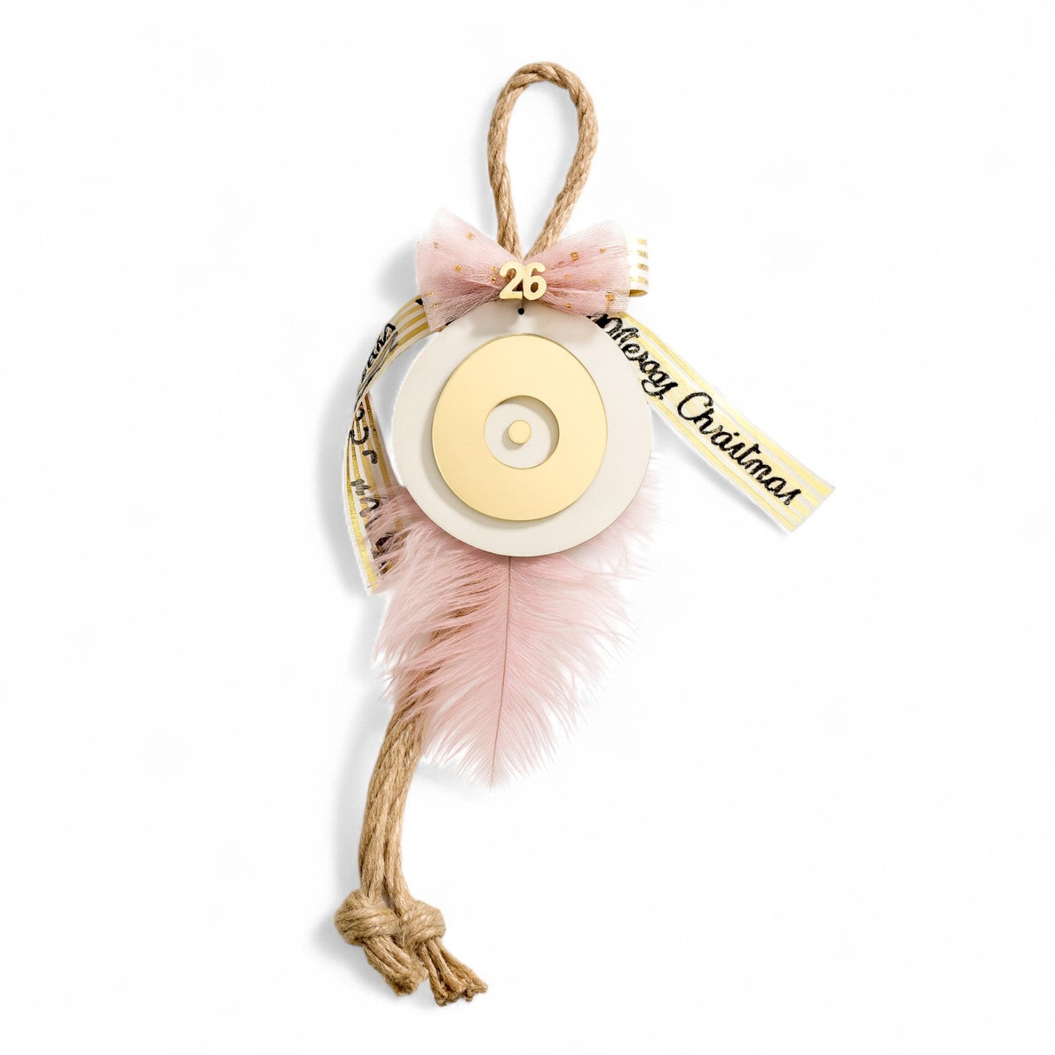 Κρεμαστό γούρι μάτι με χρυσό καθρέφτη, λευκή βάση και ροζ φτερό, ύψους 35 εκ., So Cute by Dimi