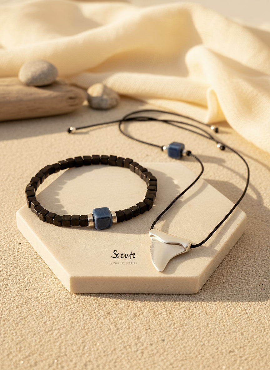 Ανδρικό κολιέ με κεραμικό κύβο και δόντι καρχαρία - So Cute by Dimi