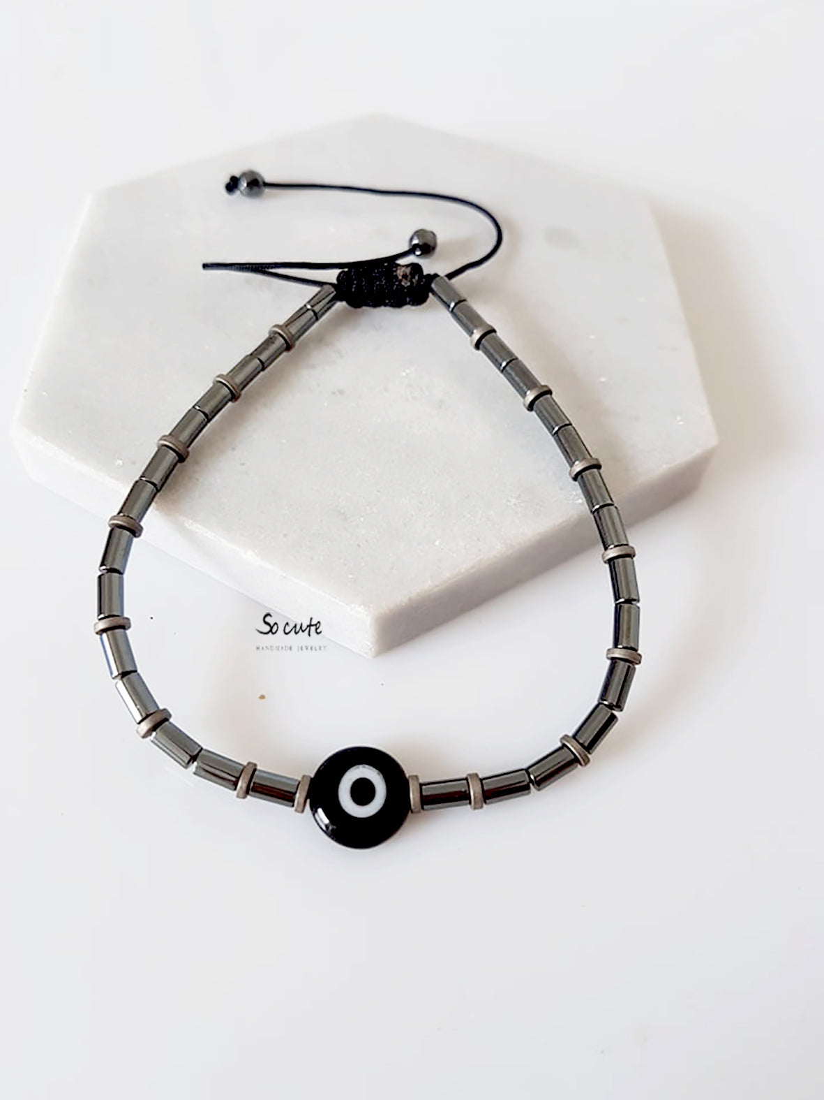 Ανδρικό χειροποίητο βραχιόλι με χάντρες αιματίτη και ματάκι – So Cute by Dimi