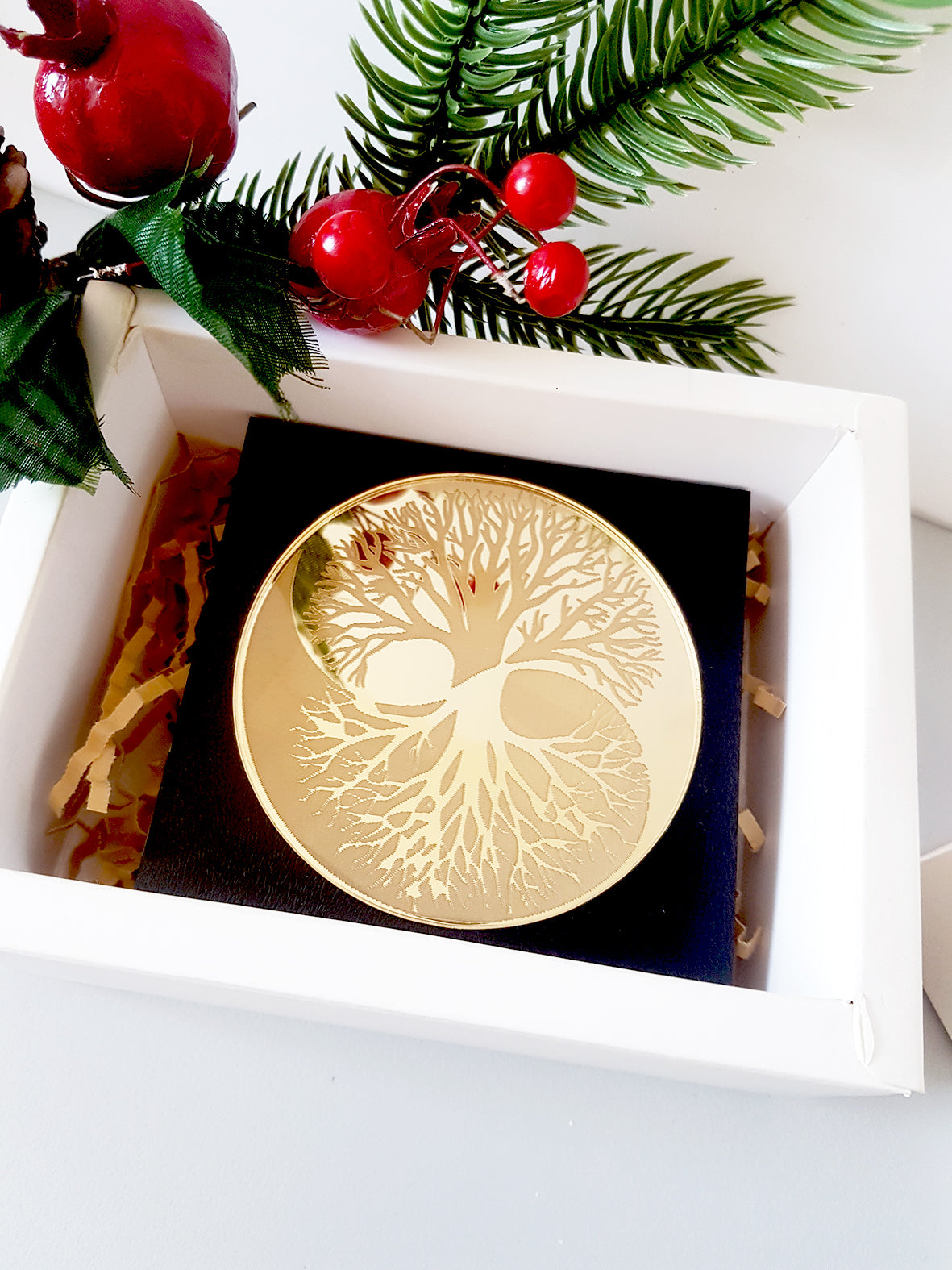 Yin Yang Tree γούρι, επιτραπέζιο χειροποίητο ξύλο & χρυσό plexiglass με Δέντρο Ζωής – So Cute by Dimi